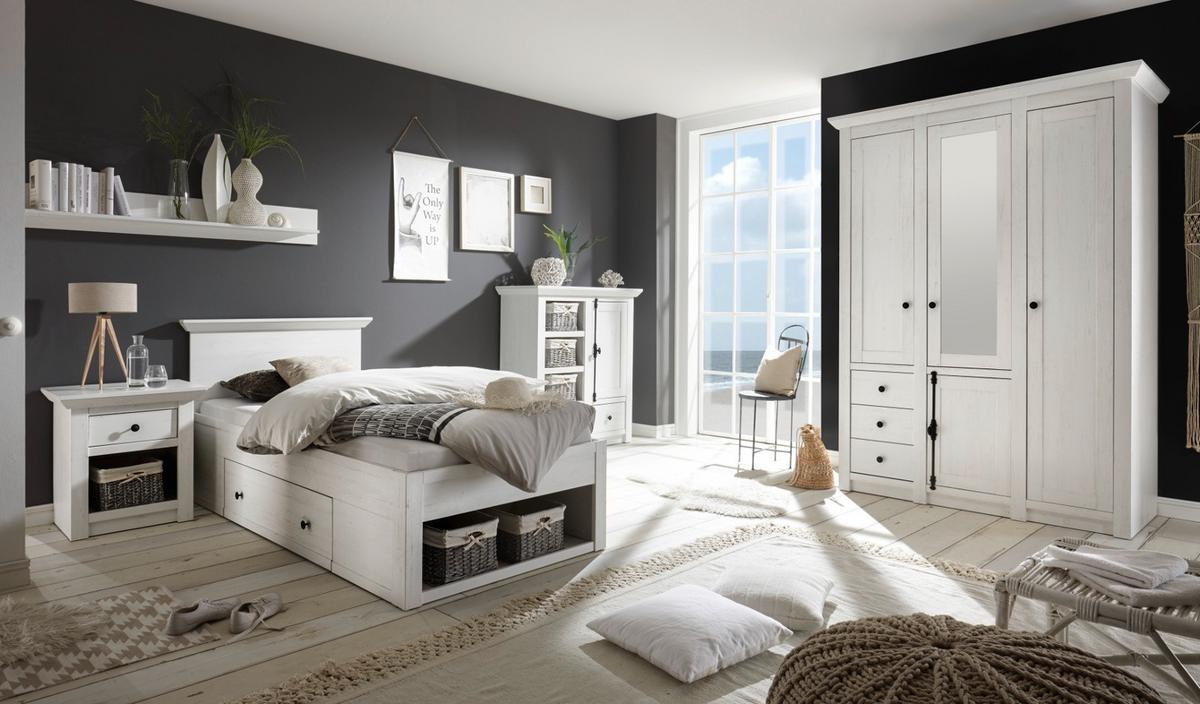 BETT Pinie weiß Liegefläche 90 x 200 cm, Stauraumbett mit Bettschubkasten - Schwarz/Weiß, Holzwerkstoff/Kunststoff (90/200cm) - Furn.Design