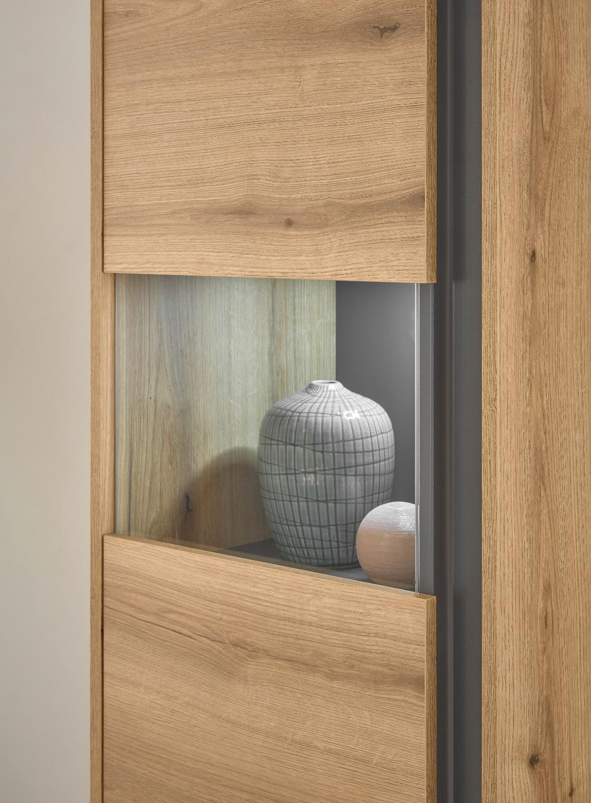 WOHNWAND Evoke Eiche, grau, Wohnkombination Set 5-teilig mit XXL-TV-Schrank, 440 cm - Eichefarben/Grau, Glas/Holz (440/180/40cm) - Furn.Design