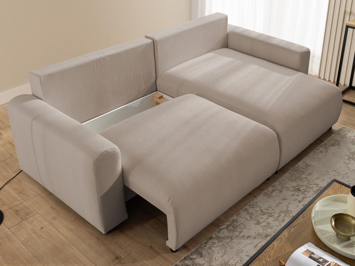 ECKSOFA Calma mit Schlaffunktion und Bettkasten im Bumpy-Design aus weichem Greige Webstoff - Ottomane rechts - Greige/Schwarz, Holz/Kunststoff (140/239cm) - S-Style