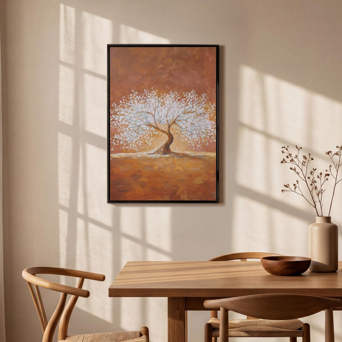 LEINWAND Bilder mit Rahmen - Abstrakt - Baum - Weiß - Blätter - 60x90 - Braun, Textil (60/90cm) - MuchoWow