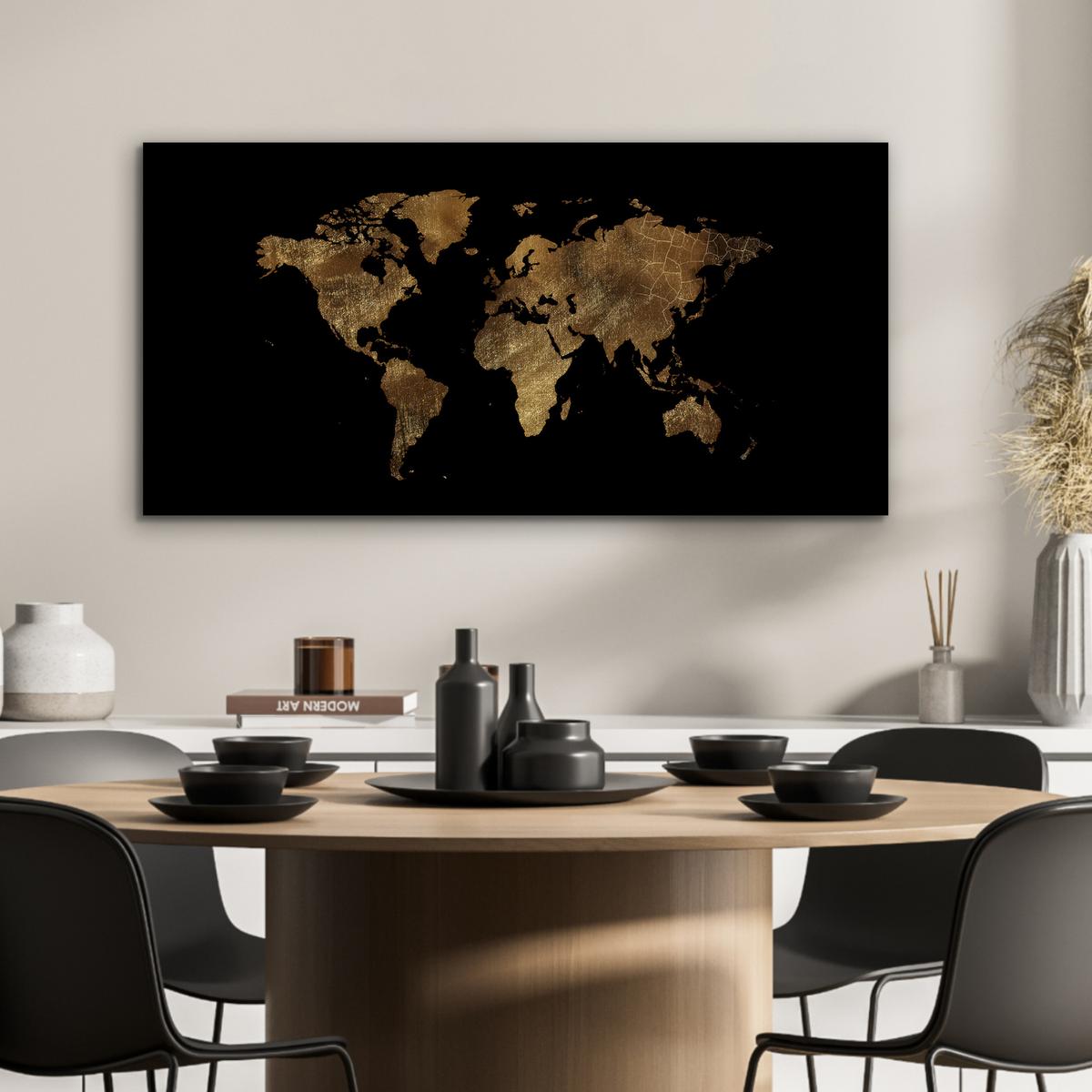 METALLBILD Weltkarte - Gold - Luxus - Erde - Schwarz 80x40 cm - Goldfarben, Metall (80/40cm) - MuchoWow