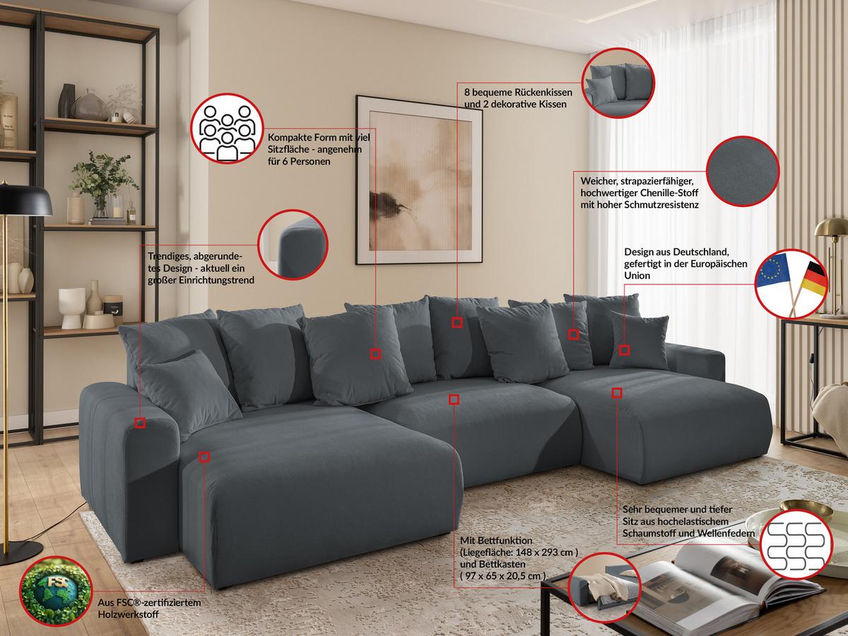 WOHNLANDSCHAFT Calma mit Schlaffunktion und Bettkasten im Bumpy-Design aus weichem Dunkelgrau Webstoff - Dunkelgrau/Schwarz, Holz/Textil (336/88/140cm) - S-Style