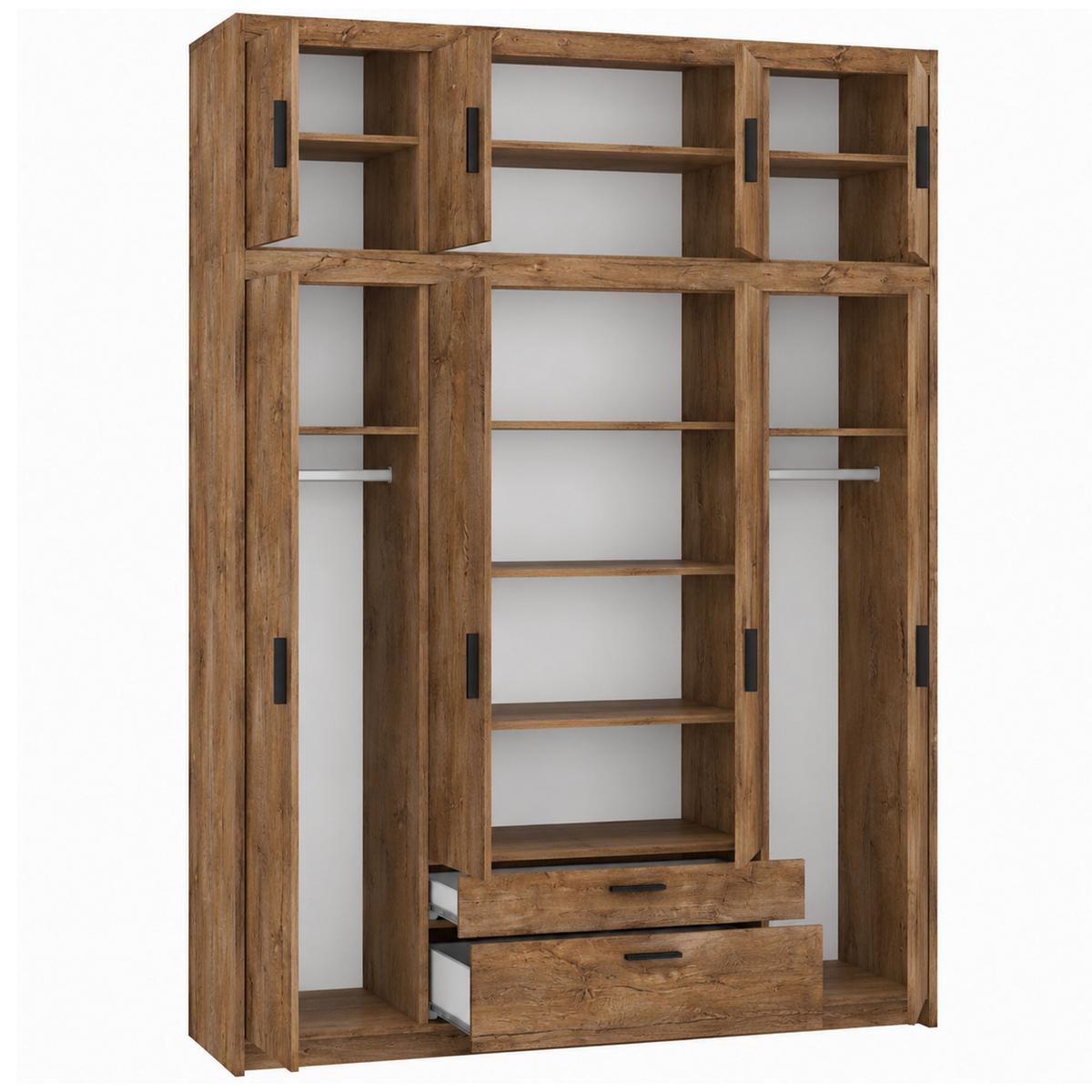 DREHTÜRENSCHRANK Elena mit 4 Türen und 2 Schubladen, mit Aufsatz Eiche Lefkas - Eichefarben, Holzwerkstoff (176/245/53cm) - Beautysofa