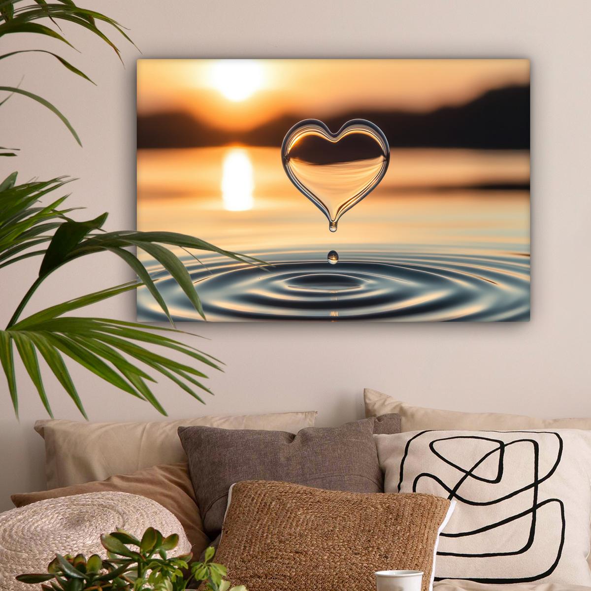 LEINWANDBILD Herz - Wasser - Sonnenuntergang - Natur - Zen Gemälde 60x40 cm - Bernsteinfarben, Textil (60/40cm) - MuchoWow