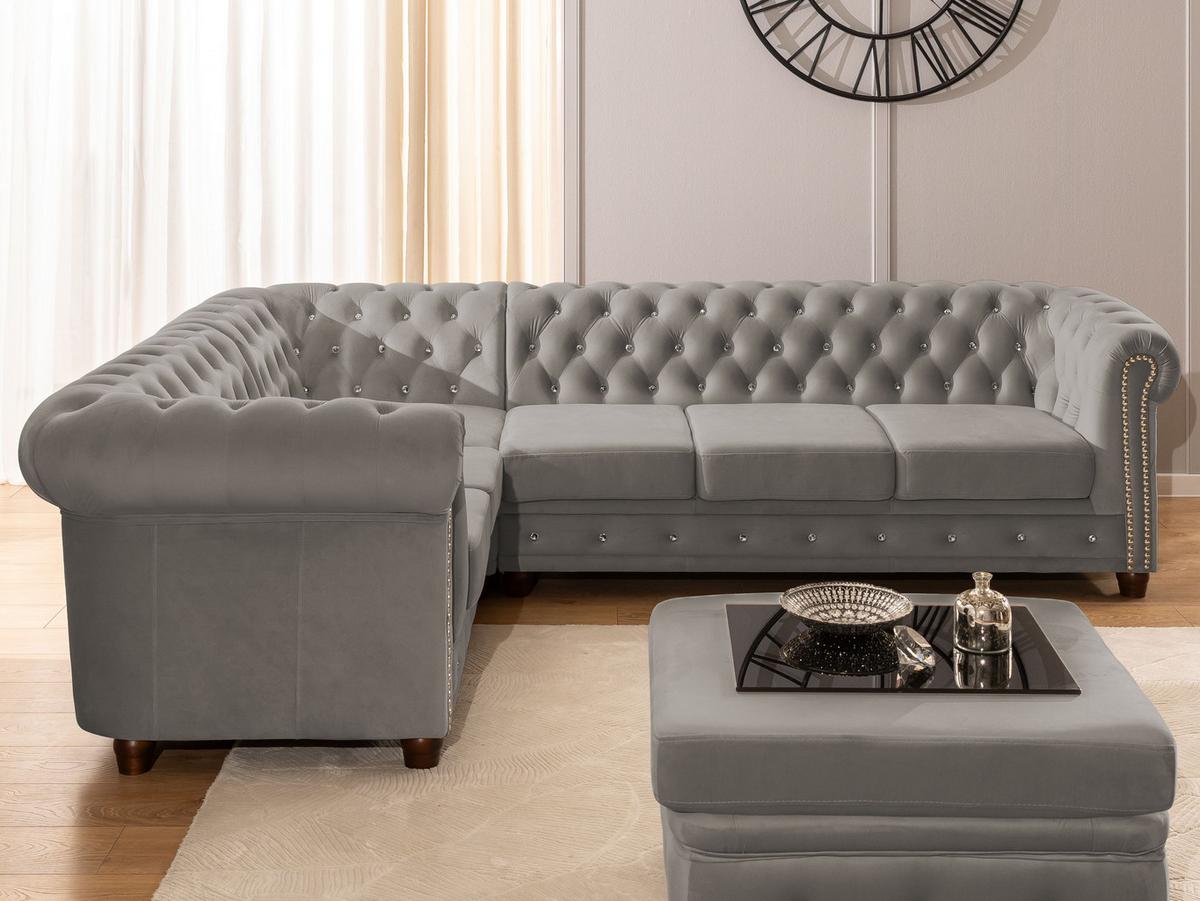 ECKSOFA mit Schlaffunktion Chesterfield Grau Samt mit Kristallsteppung und braunen Massivholzfüßen - Ottomane Links - Braun/Grau, Holz/Textil (264/210cm) - S-Style Möbel