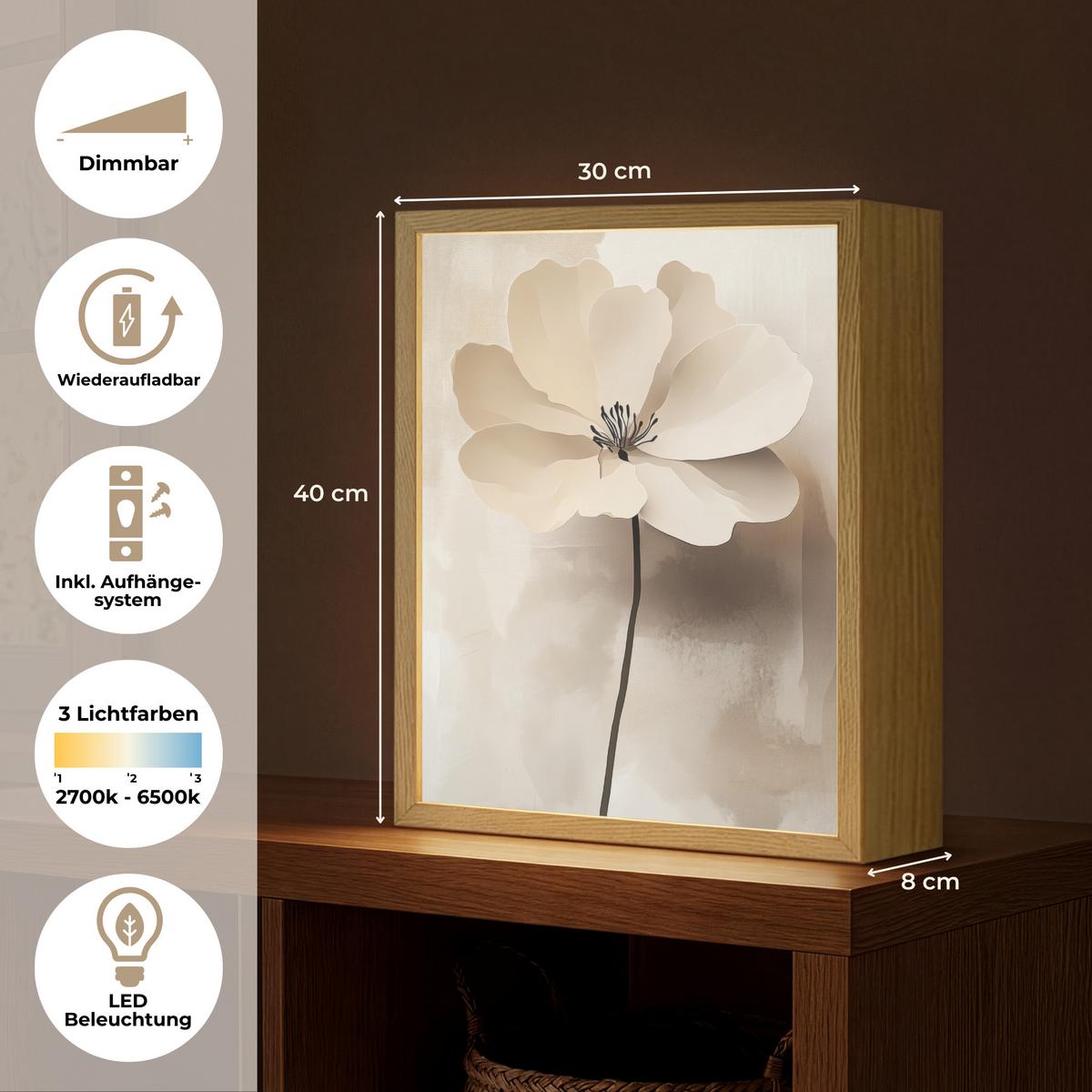 WANDLEUCHTE MIT AKKU Blume - Beige - Farbe - Schatten 30x40 cm - Beige, Holzwerkstoff (30/40/8cm) - OnlyWow