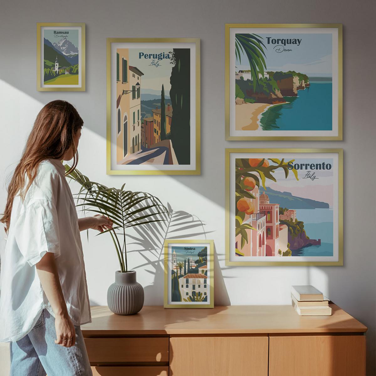 BILDER SET 5er Set - 50x50 cm & 20x30 cm & 40x60 cm Goldrahmen - Ansichten europäischer Häfen - Goldfarben, Kunststoff (40/60cm) - TULUP