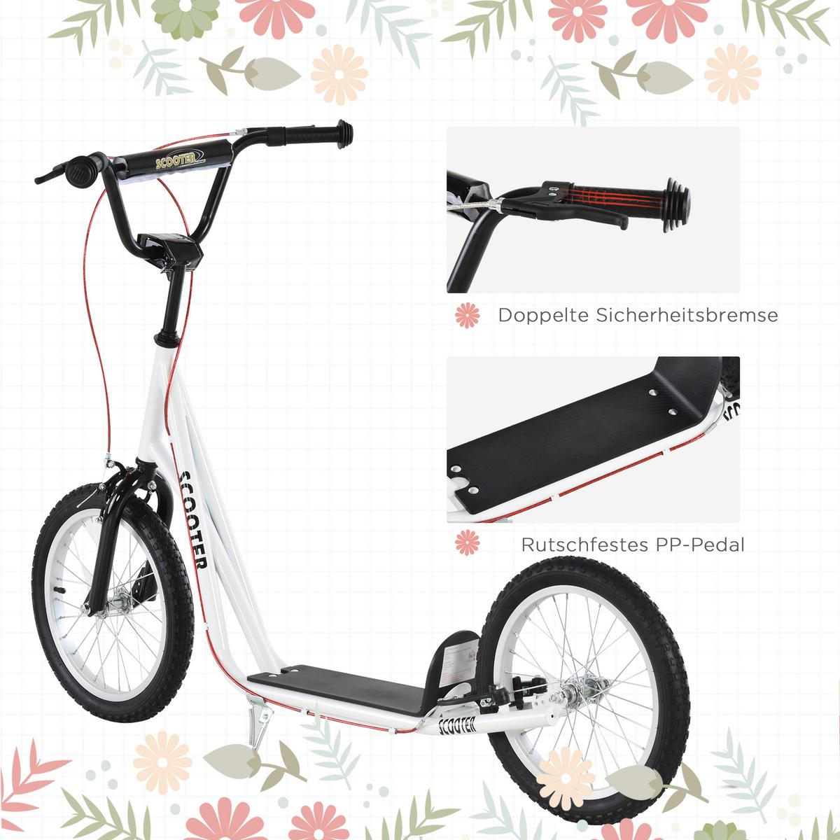 TRETROLLER Scooter Cityroller Kinder Luftreifen Roller verstellbar Alu Weiß - Weiß, Metall (139/58/96cm) - HOMCOM