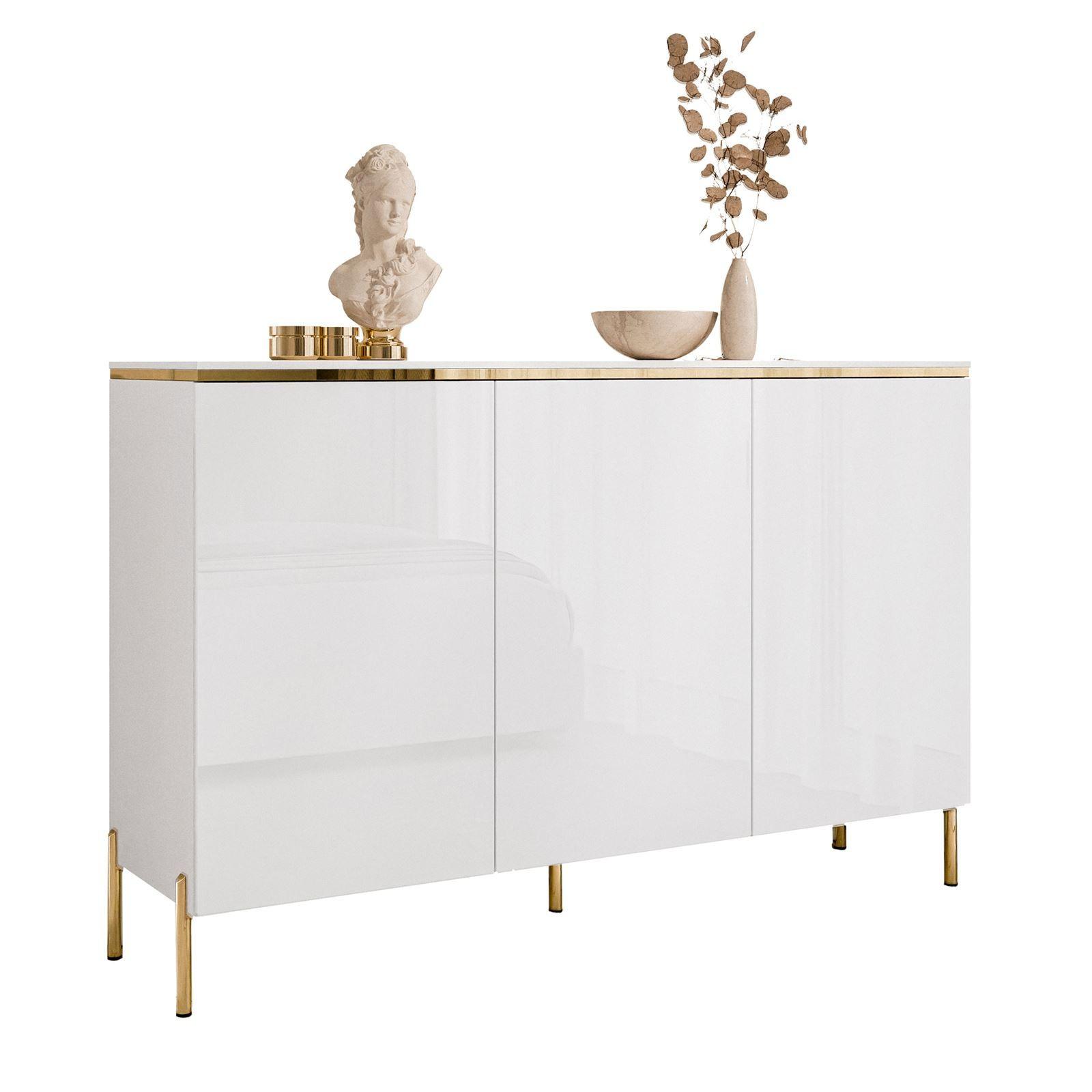 KOMMODE AURORA 3D Weiß / Weiß hochglanz mit gerade Goldchrom Fuße - Weiß Hochglanz/Goldfarben, Holzwerkstoff/Metall (140/91/40cm) - Lookway