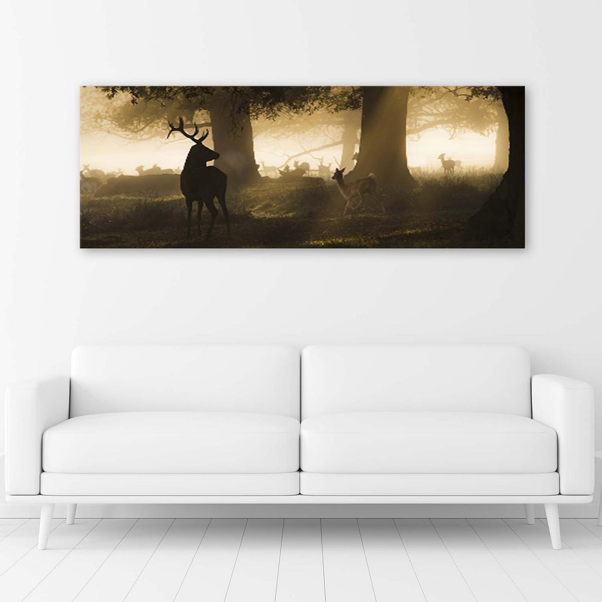 BILD AUF LEINWAND Hirsche im Nebel 120x40cm - Grau, Textil (120/40cm) - Feeby