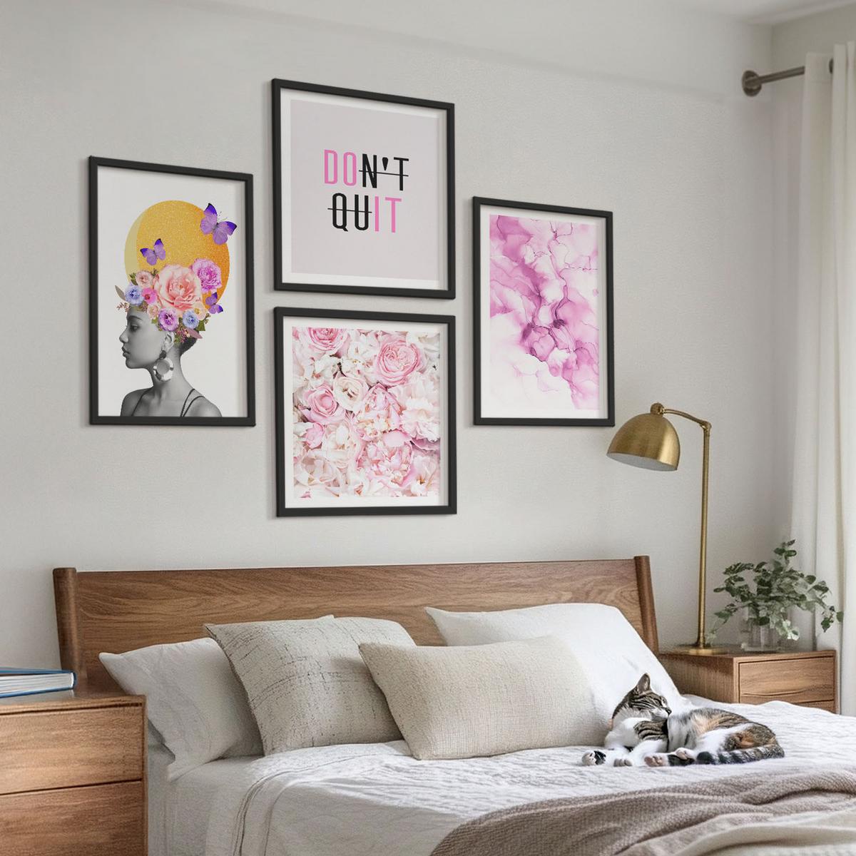BILDER SET 4er Set - 50x50 cm & 40x60 cm Schwarzer Rahmen - Abstraktes Blumenporträt einer Frau - Schwarz, Kunststoff (50/50cm) - TULUP