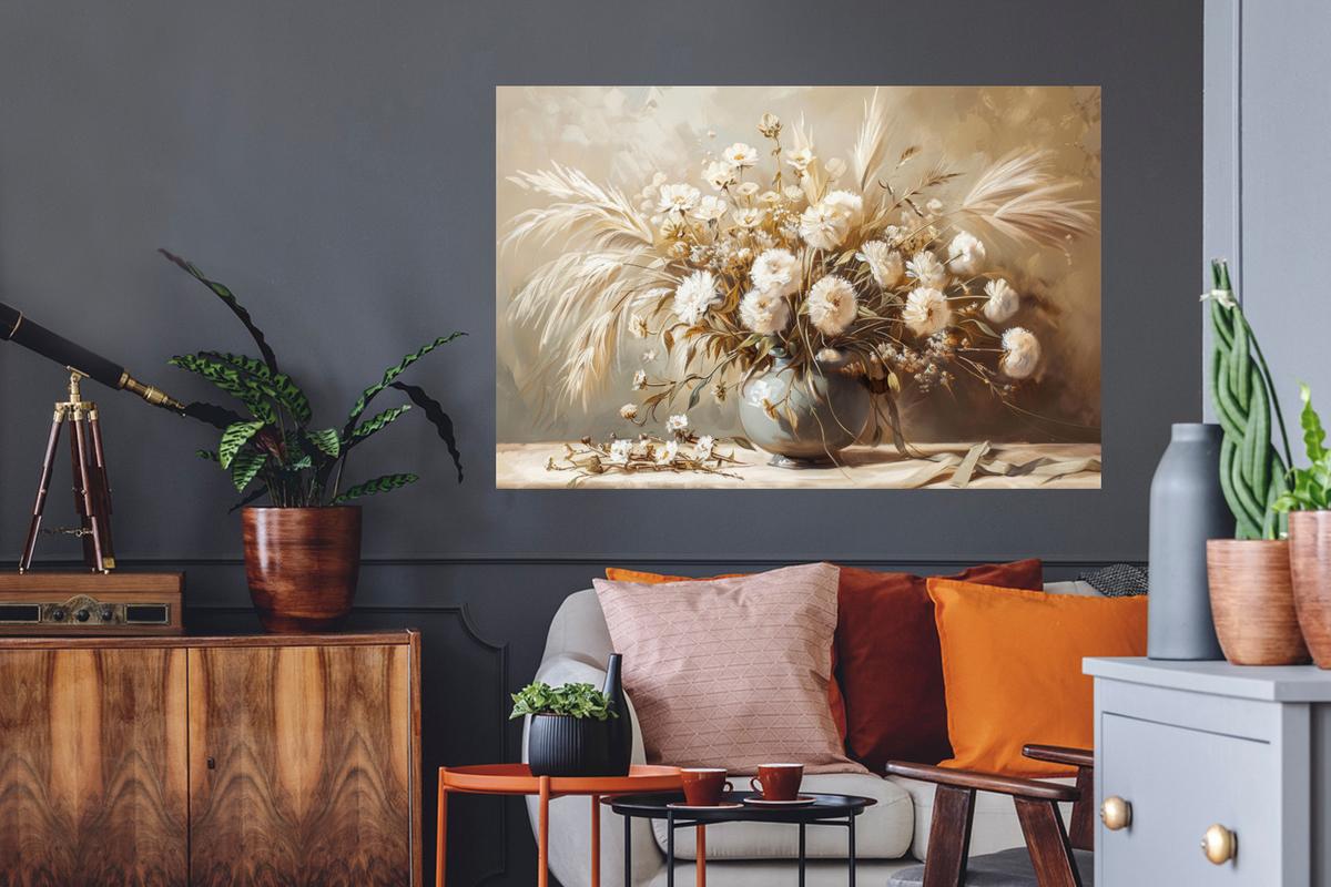 WANDTATTOO Blumen - Vase - Stilleben - Beige Wandsticker 120x80 cm - Creme, Kunststoff (120/80/0.1cm) - MuchoWow