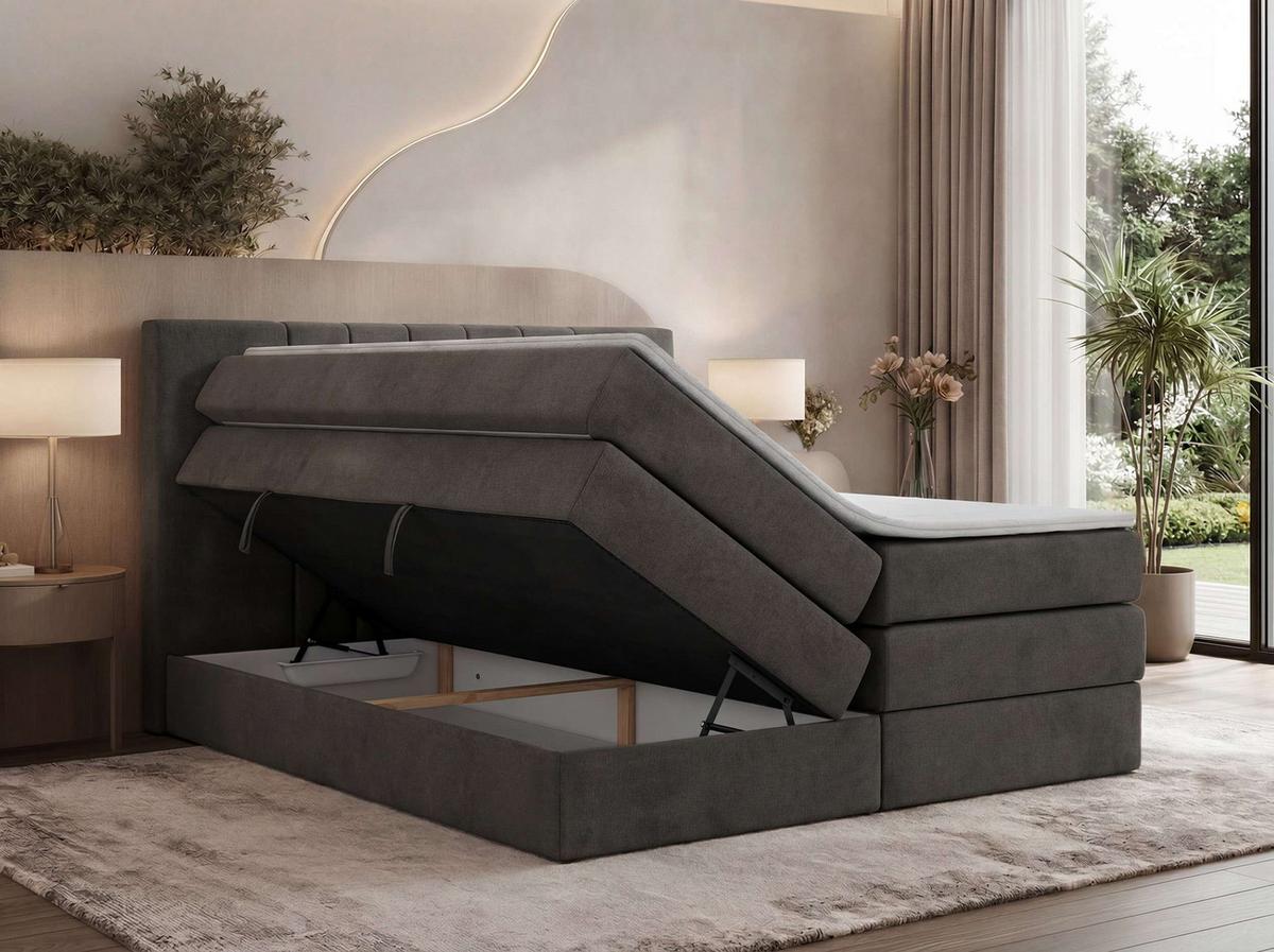 BOXSPRINGBETT INERO KING 200/200 - Dunkelgrau Velvet - Topper Visco - H4 - Dunkelgrau/Schwarz, Kunststoff/Textil (200/200cm) - MKS