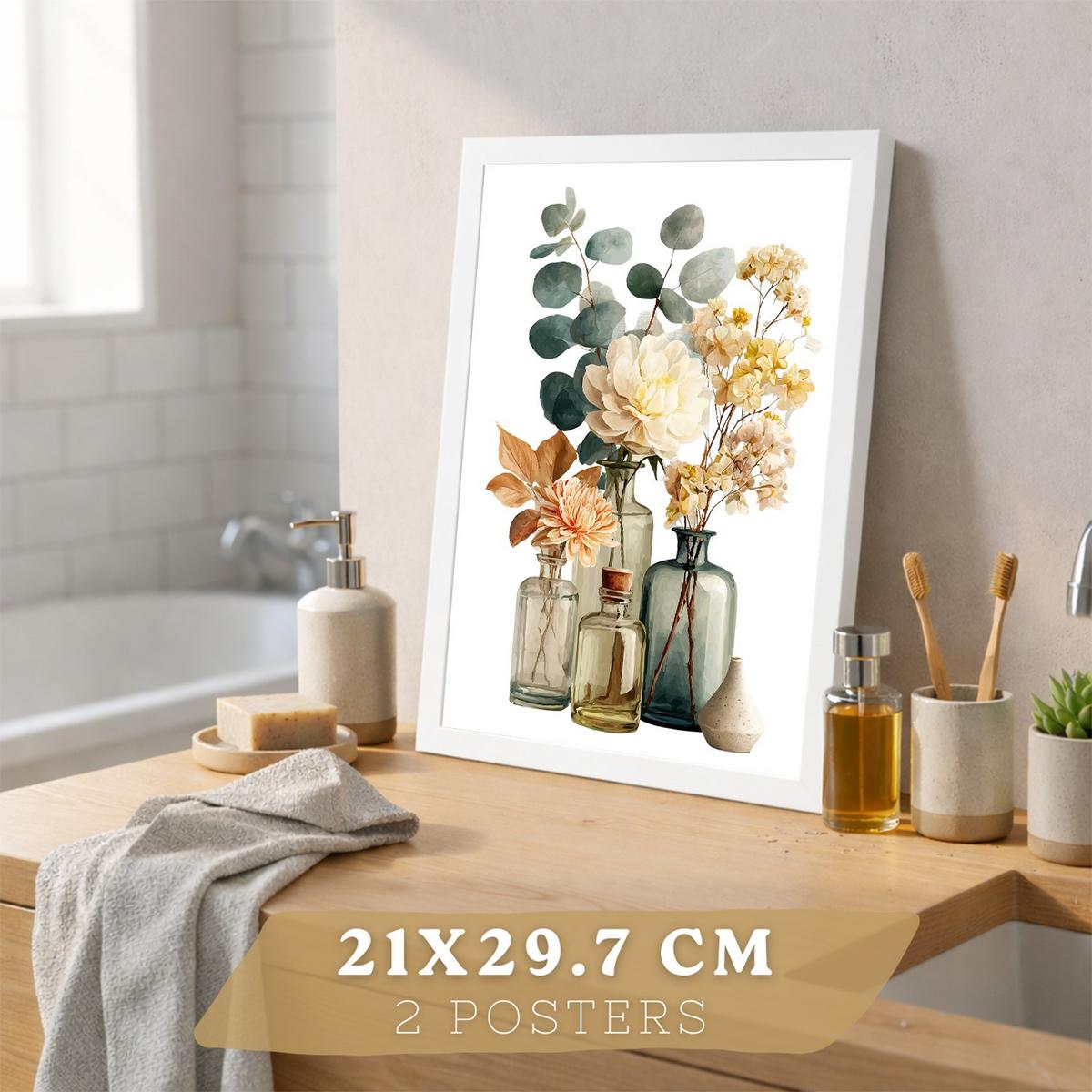 POSTER 2er-Set dekorative Badezimmer-Poster, minimalistische Wandbilder für Waschbecken, moderne Dekoration mit Blumen und Flaschen Weißer Rahmen A4 - Weiß, Papier (29.7/21/3cm) - Nacnic