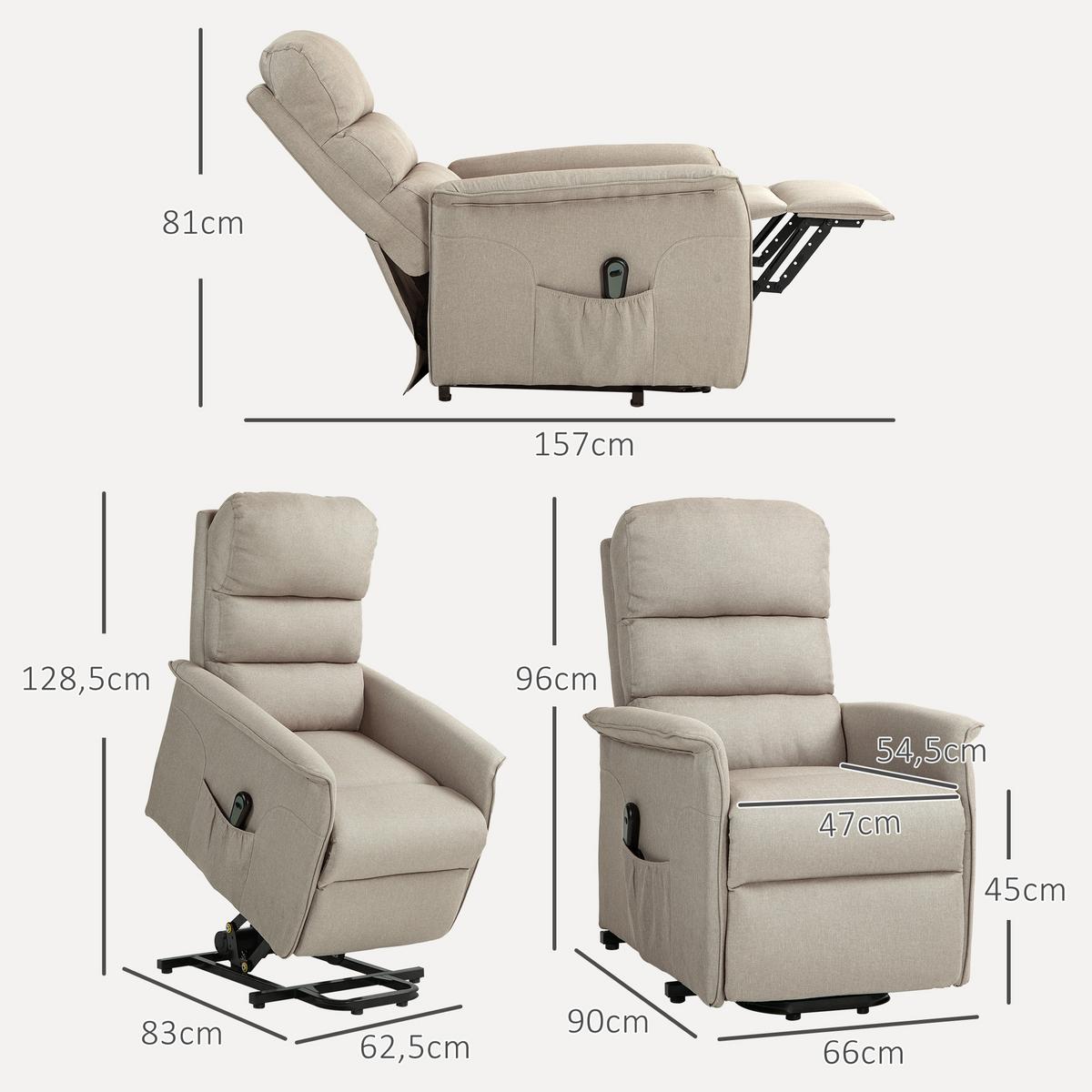 FERNSEHSESSEL mit Aufstehhilfe Elektrisch, Relaxsessel mit Liegefunktion Beige - Beige/Schwarz, Textil/Metall (90/96/66cm) - HOMCOM