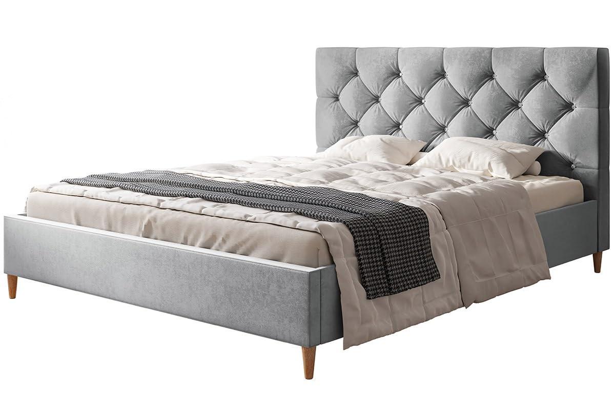 POLSTERBETT LUX Boston mit Kopfteil, 140 x 200 cm, Doppelbett mit Lattenrost aus Holz, Velourstoff Hellgrau, Füße in Farbe: Braun - Hellgrau, Holz/Textil (140/200cm) - Alpi-Möbel