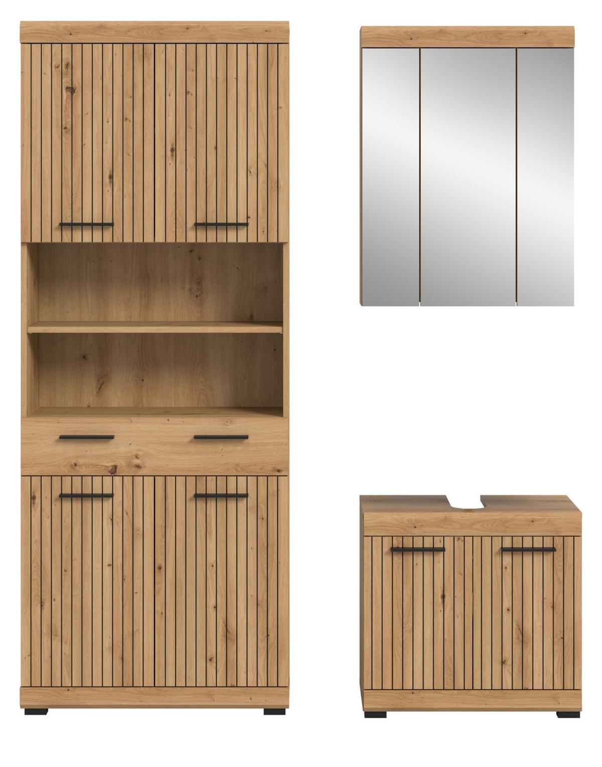 BADMÖBEL-SET Eiche Artisan 149 x 191 cm 3-teilig, Badkombination modernes Design - Schwarz/Eiche Artisan, Glas/Holzwerkstoff (149/191/34cm) - Inn.Furn