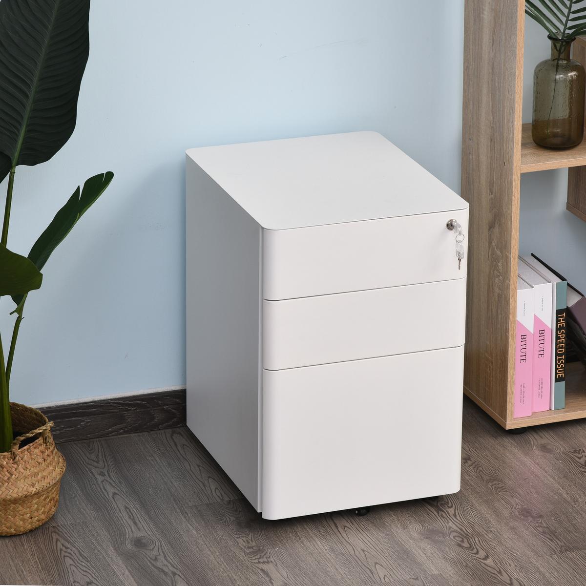 ROLLCONTAINER mobiler Aktenschrank mit 3 Schubladen Büroschrank Stahl Weiß - Weiß, Metall (48/59/39cm) - Vinsetto