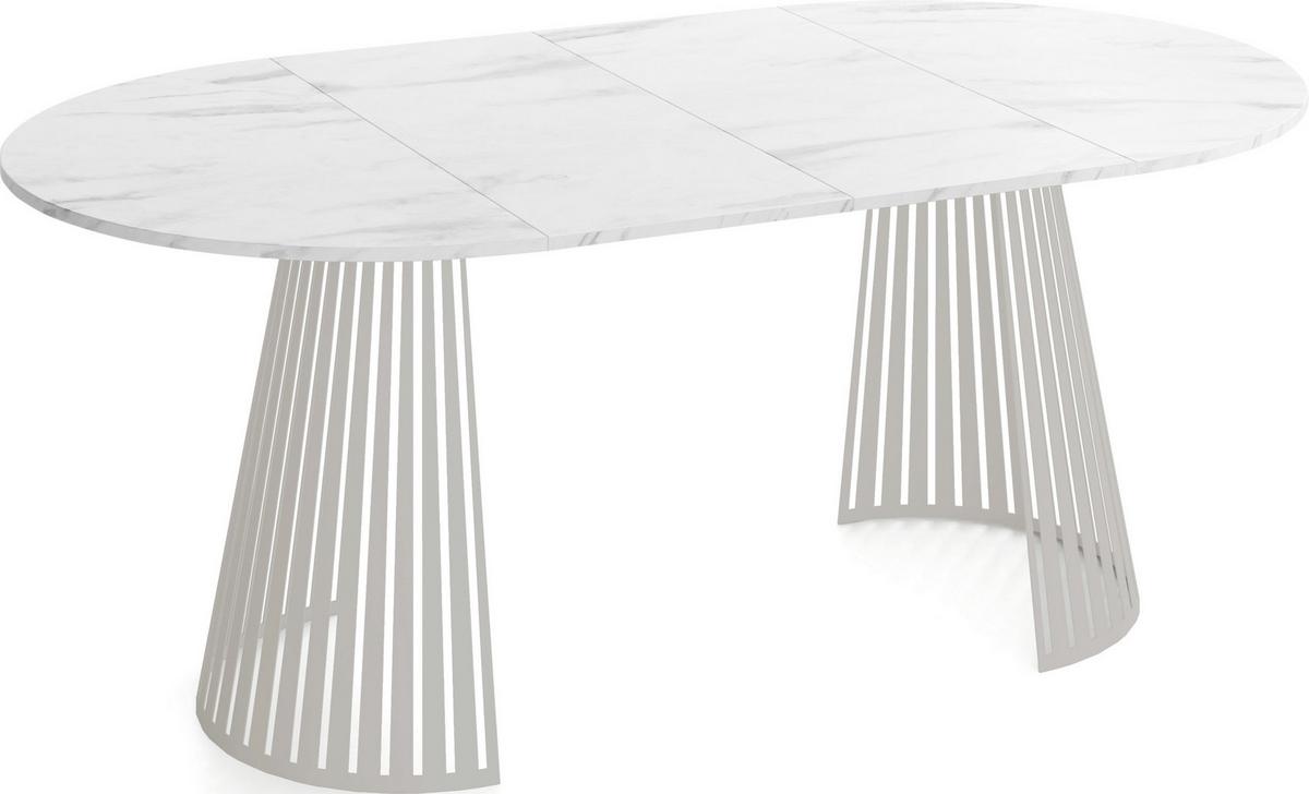 ESSTISCH Naro rund ausziehbar mit Lamellen-Metallgestell in Grau-Beige, Marmor Weiß 120-200/120/76 cm - Ecru/Kaschmir, Holzwerkstoff/Metall (120/196/76cm) - WFL GROUP
