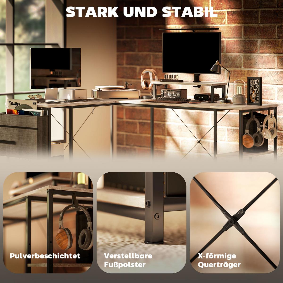 ECKSCHREIBTISCH aus Spanplatte Stahl Naturholz - Naturfarben, Holzwerkstoff (168/120/90cm) - HOMCOM