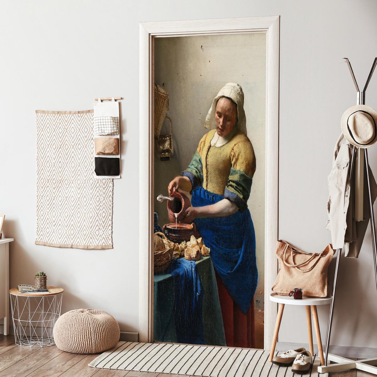 TÜRAUFKLEBER Das Milchmädchen - Johannes Vermeer 90x235 cm - Türtapete - Dunkelblau, Kunststoff (90/0.1cm) - MuchoWow