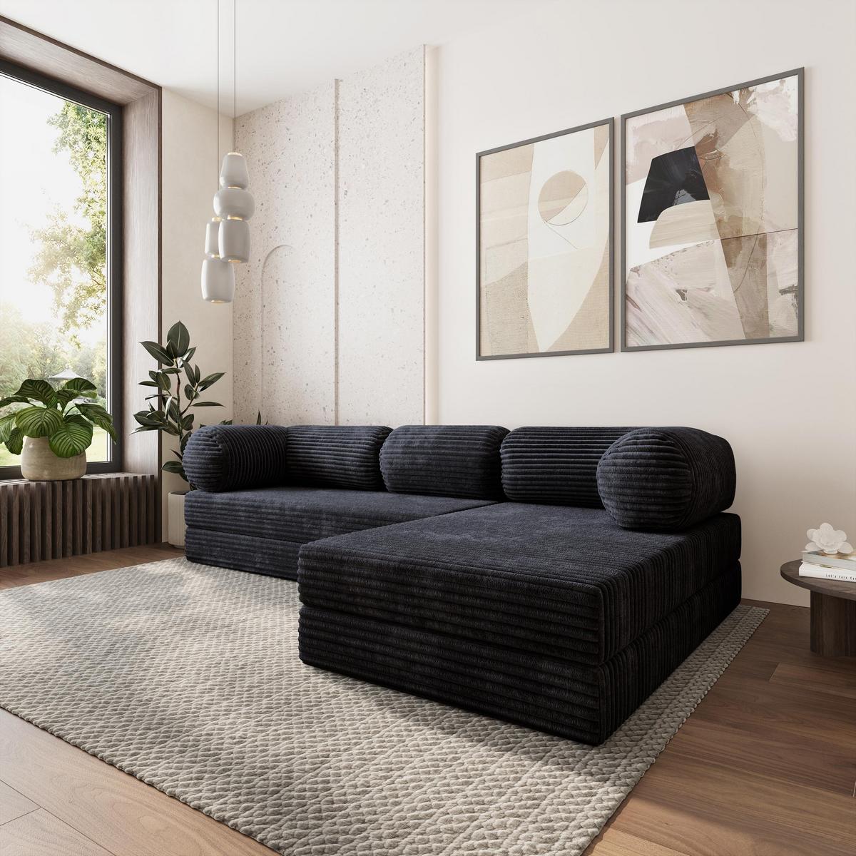 ECKSOFA ETERA modulares Boneless Sofa mit Schlaffunktion Schwarz Kordstoff - Schwarz, Textil (270/160cm) - MASSENO