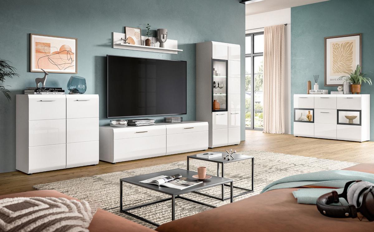 WOHNWAND weiß Hochglanz 4-teilig 330 cm, Schrankwand mit viel Stauraum - Weiß Hochglanz/Silberfarben, Glas/Holzwerkstoff (330/160/41cm) - Inn.Furn