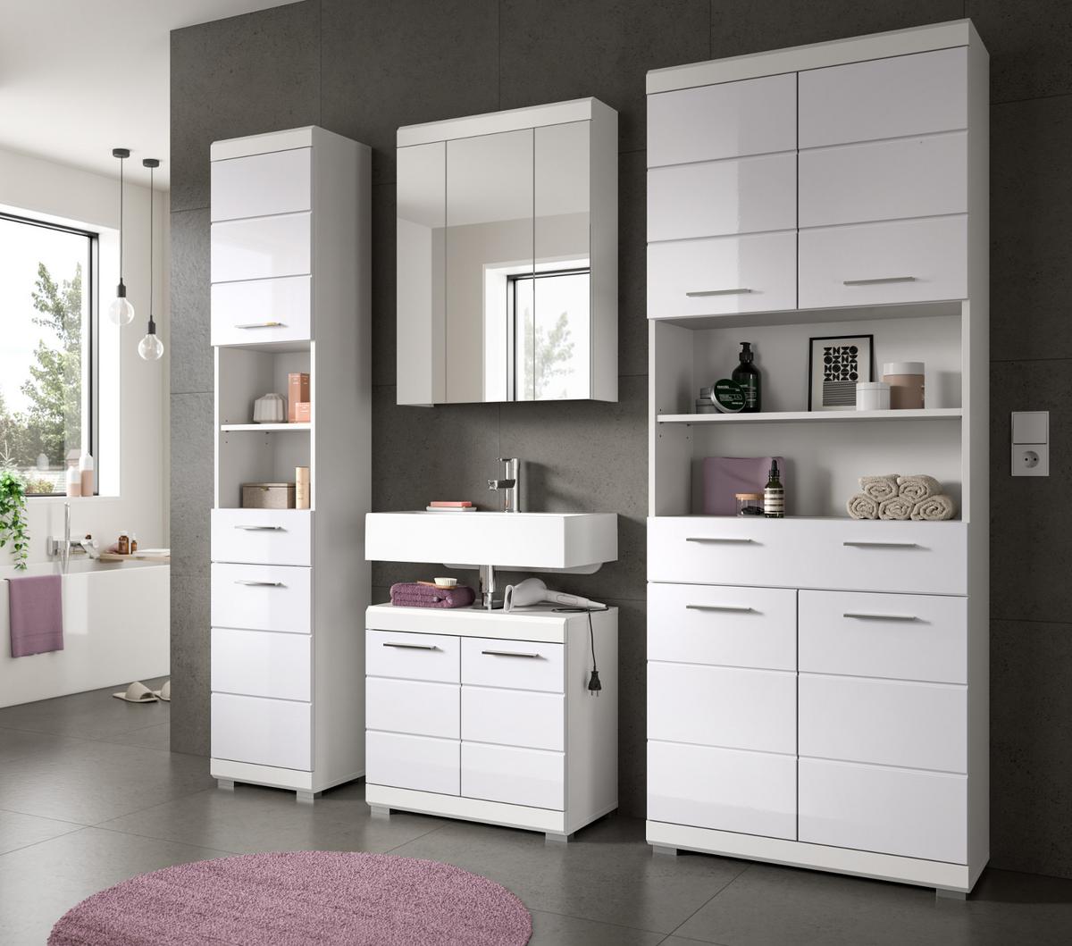 HOCHSCHRANK weiß Hochglanz 74 x 191 cm, Badschrank mit viel Stauraum - Weiß Hochglanz/Silberfarben, Holzwerkstoff/Kunststoff (74/191/31cm) - Inn.Furn
