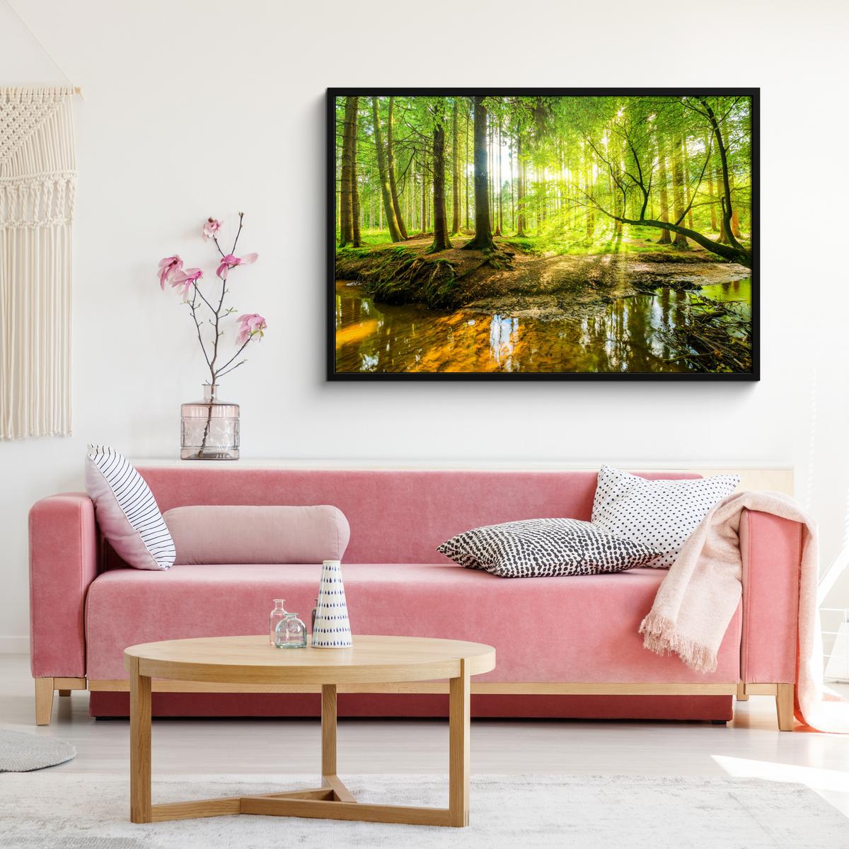 POSTER MIT RAHMENGERAHMTES BILD Wald - Landschaft - Wasser - Bäume - Sonne - Grün - Natur 120x80 cm - Grün, Papier (120/80cm) - MuchoWow