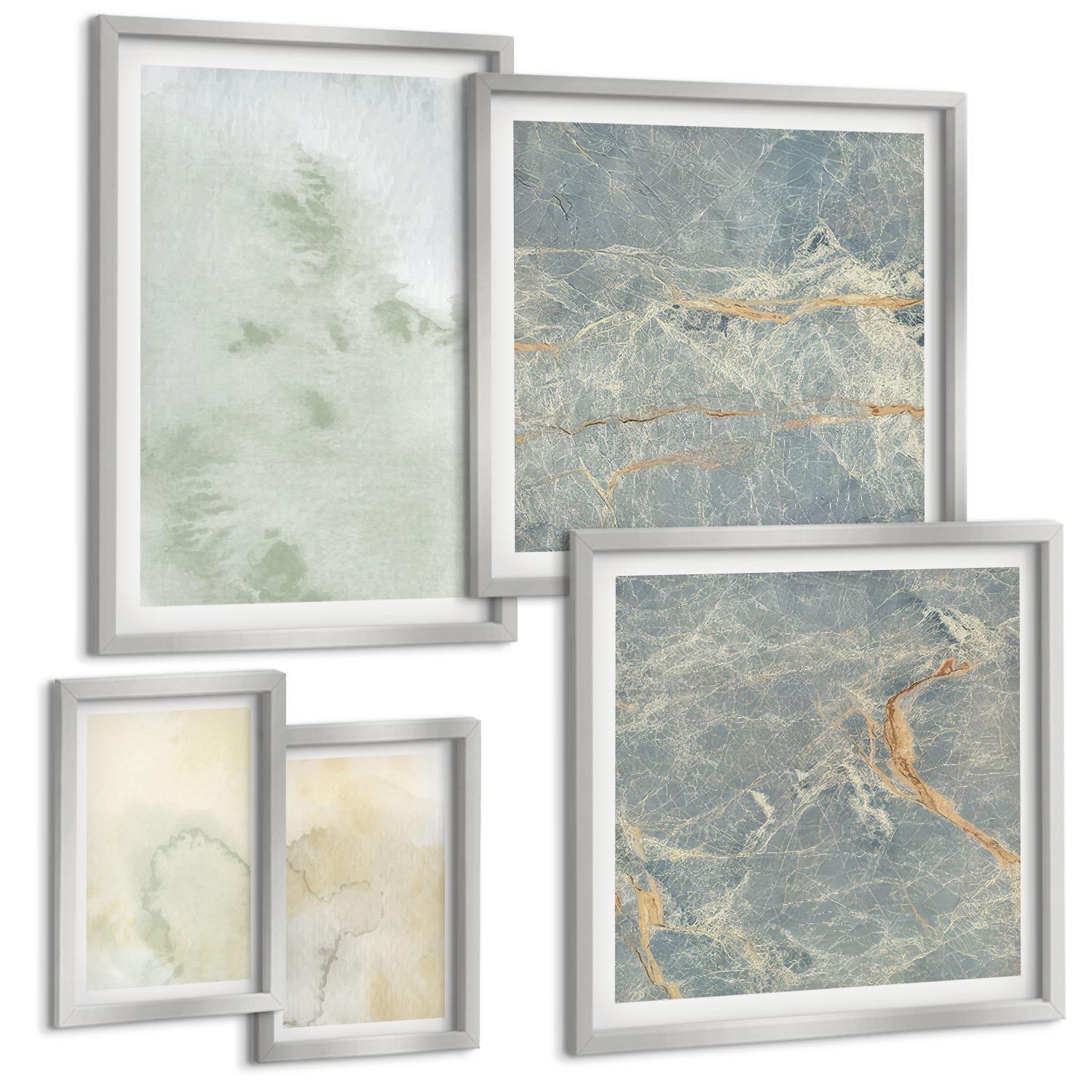 BILDER SET 5er Set - 50x50 cm & 20x30 cm & 40x60 cm Silberner Rahmen - Pastellfarben auf Aquarellleinwand - Silberfarben, Kunststoff (40/60cm) - TULUP