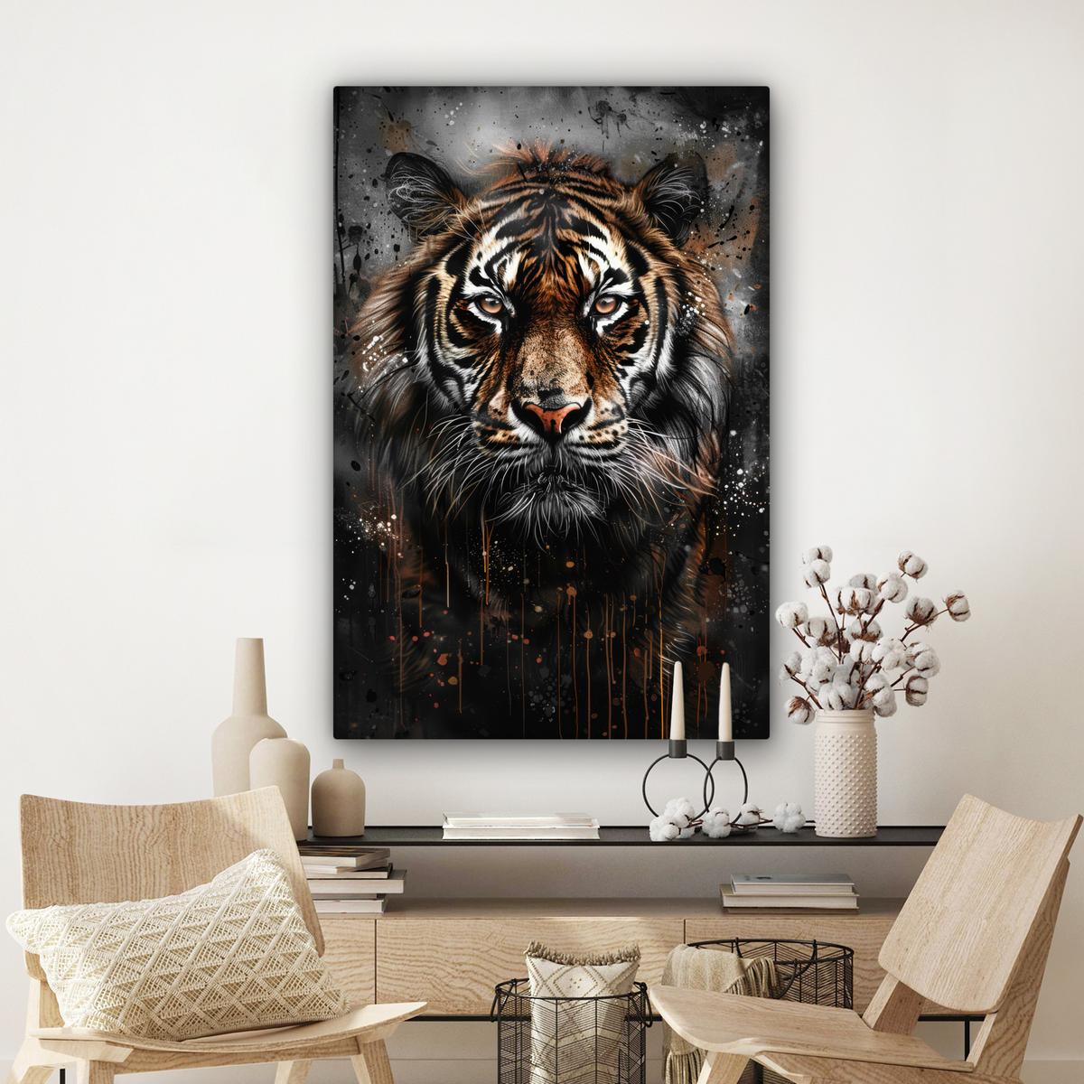 LEINWANDBILD Tiger - Tiere - Porträt - Luxus - Schwarz Deko XXL 80x120 cm - Anthrazit, Textil (80/120cm) - MuchoWow