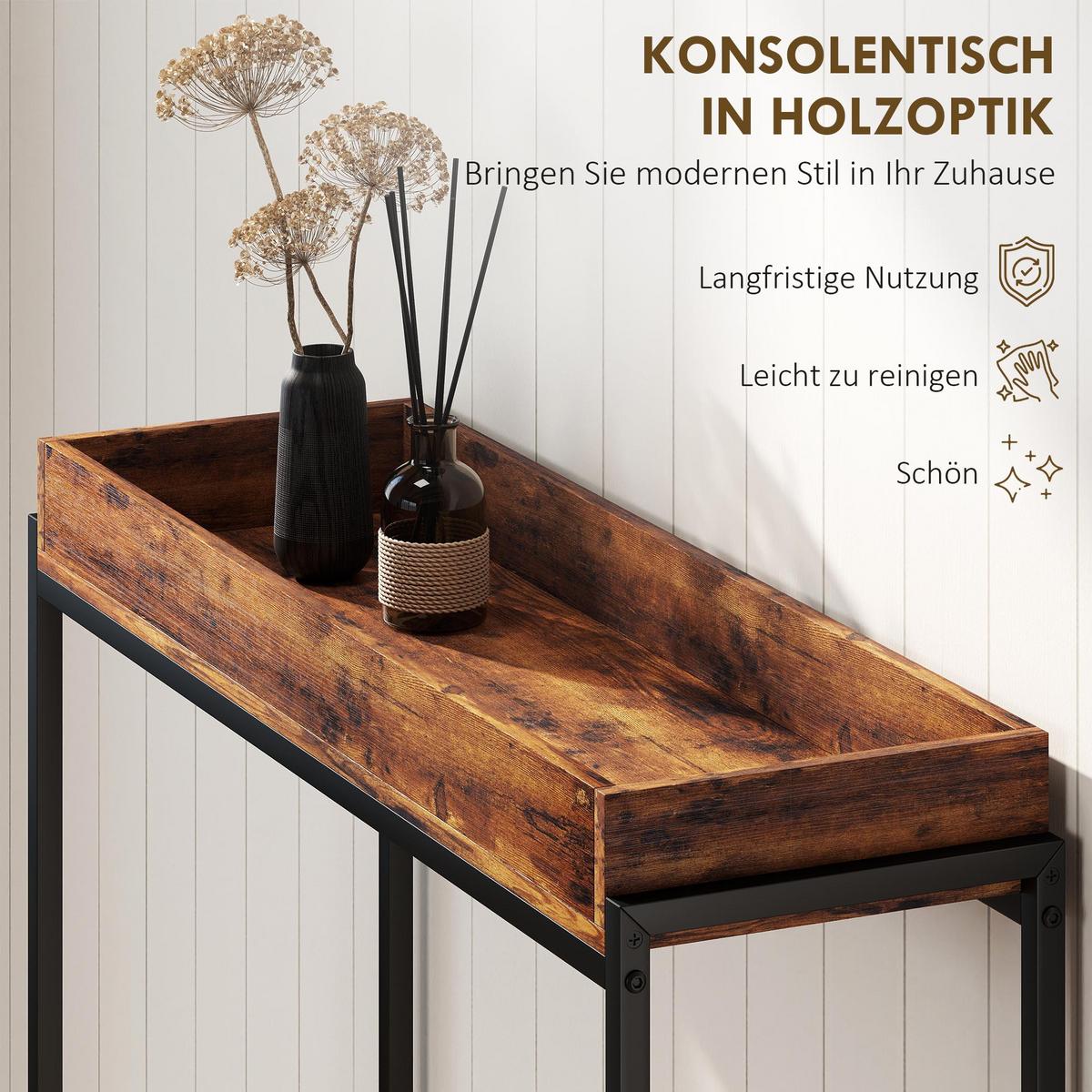 KONSOLENTISCH mit Geländer, Braun - Schwarz/Braun, Metall (100/30/91cm) - HOMCOM