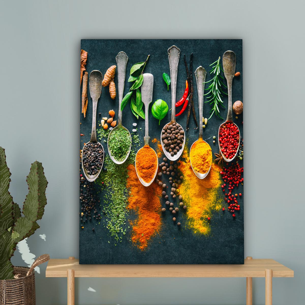 LEINWANDBILD Kräuter - Gewürze - Löffel Wandbild Wohnzimmer 60x80 cm - Currygelb, Textil (60/80cm) - MuchoWow