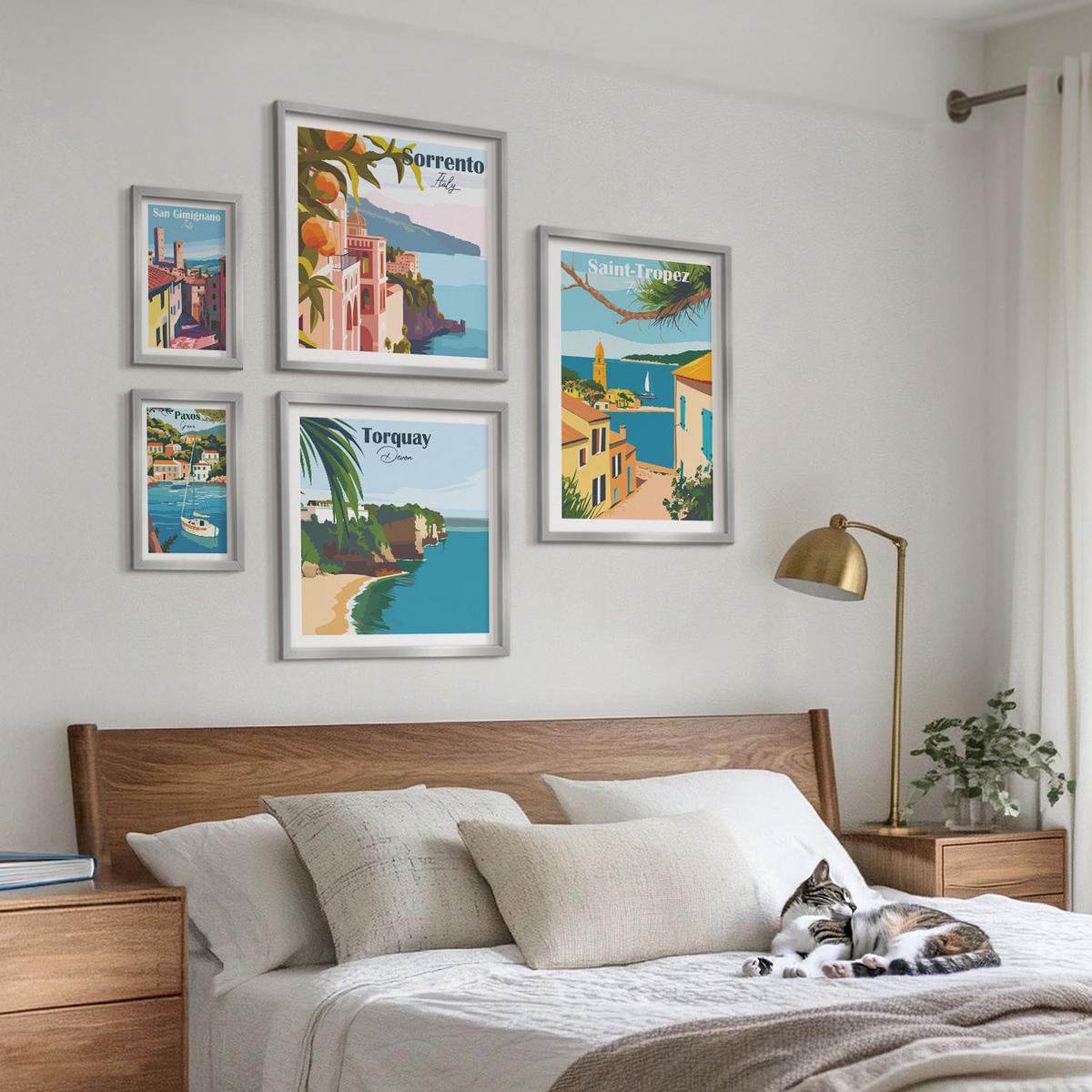 BILDER SET 5er Set - 50x50 cm & 20x30 cm & 40x60 cm Silberner Rahmen - Retro-Illustrationen von Weltstädten - Silberfarben, Kunststoff (40/60cm) - TULUP