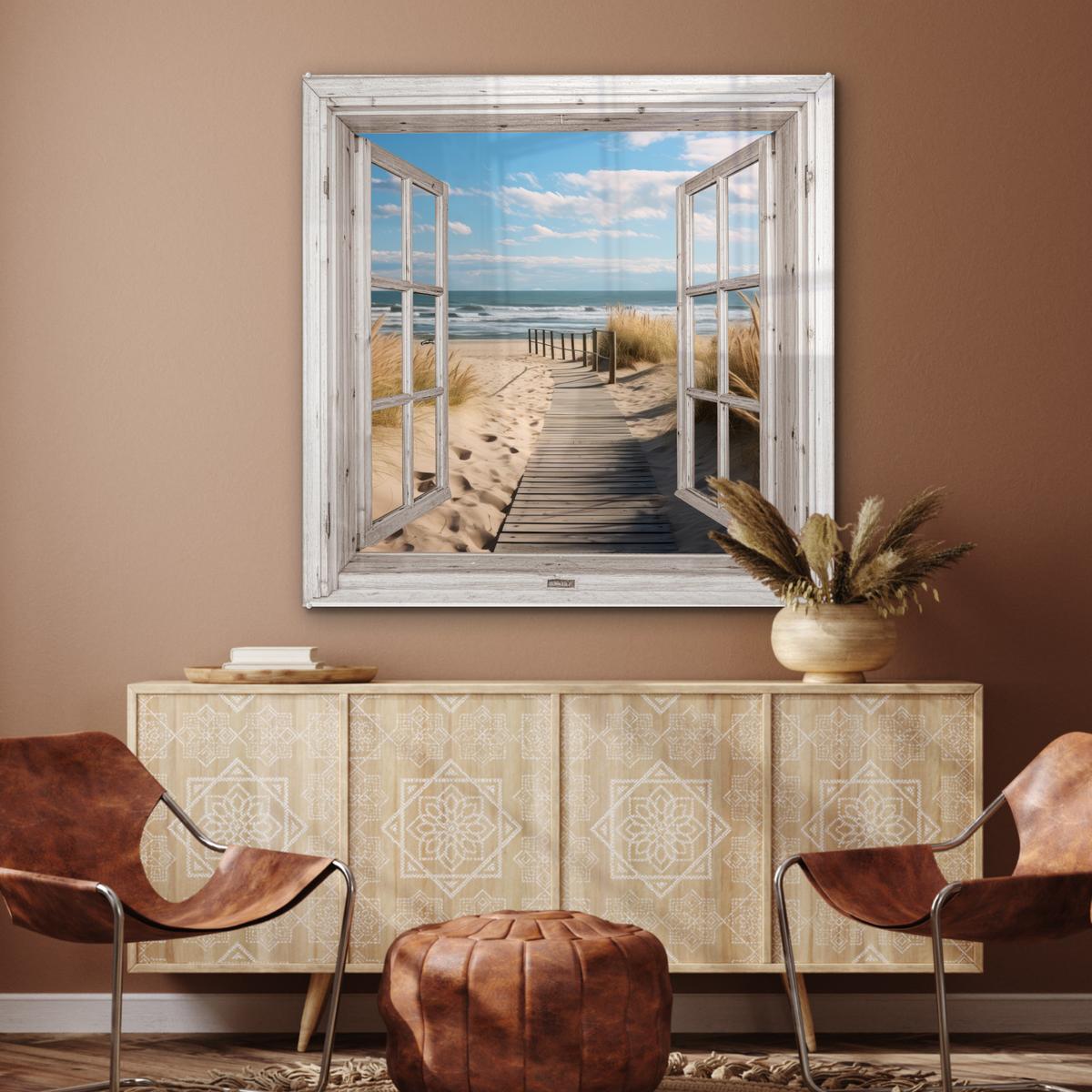 ACRYLGLASBILD Fenster - Meer - Küste - Natur - Ausblick - Strand - Wattenmeer 90x90 cm - Beige, Glas (90/90cm) - MuchoWow