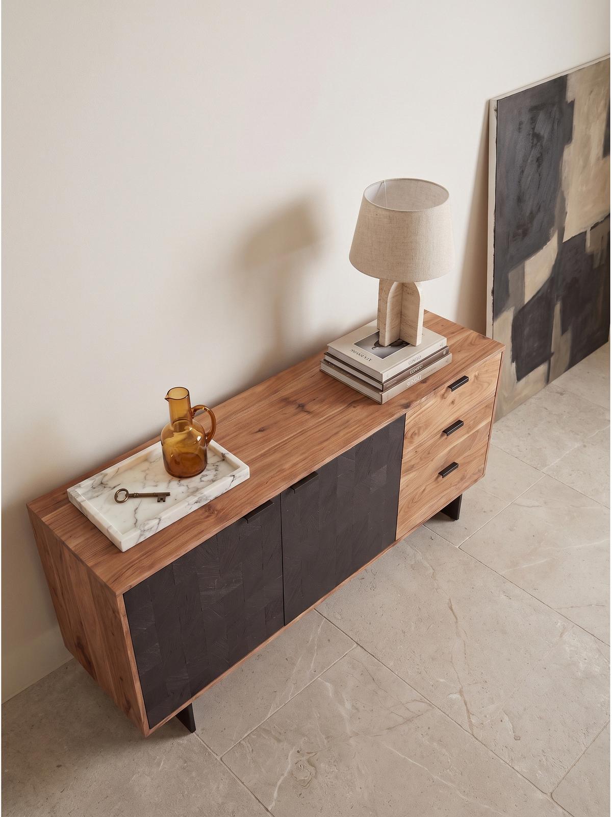 KOMMODE MONTEFALCO, Akazie Massivholz, Akazie-Schwarz, 175 x 40 x 76 cm - Schwarz/Akaziefarben, Holz/Metall (175/76/40cm) - KADIMA DESIGN