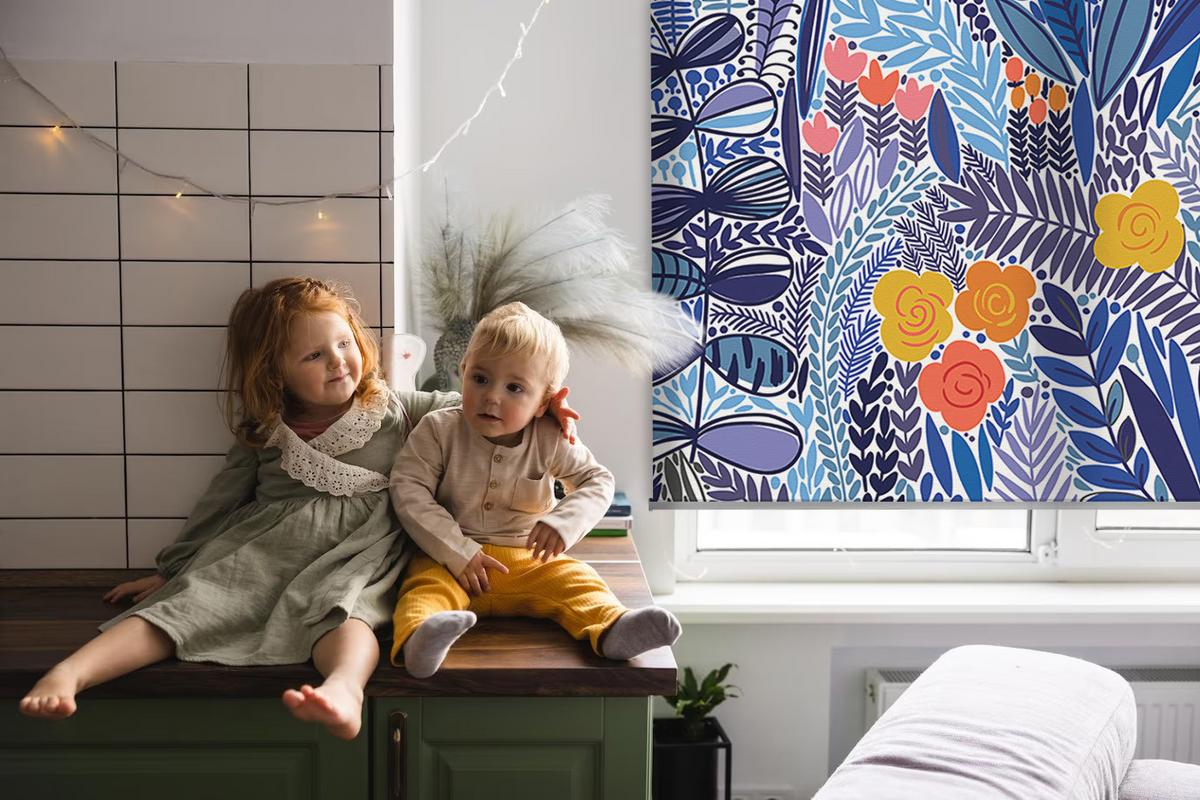INNENROLLO - Fensterrollo - Rollo - 90x180 cm - Bunte Pflanzen - Blau, Kunststoff (90/180/0.5cm) - TULUP