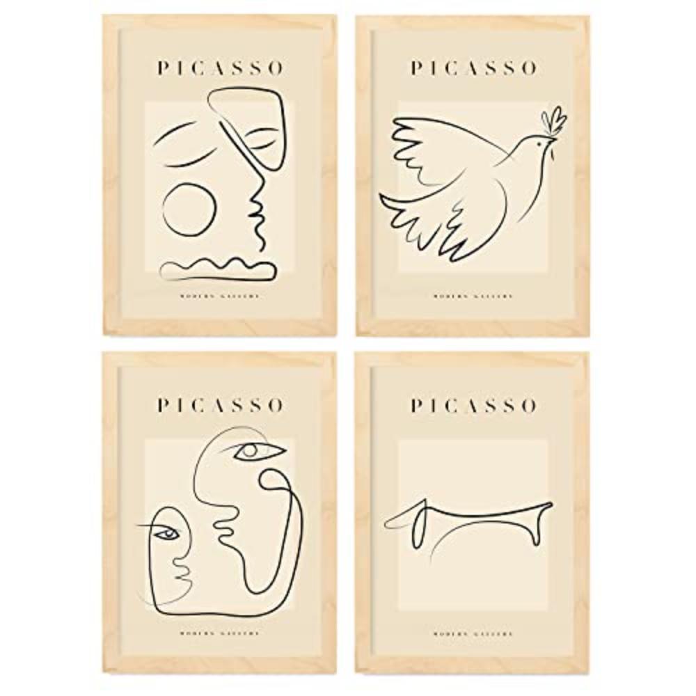 POSTER Set mit 4 Picasso Sammlung von Linienfrieden Ästhetische A3 Rahmen aus hellem Holz - Beige, Papier (29.7/3cm) - Nacnic