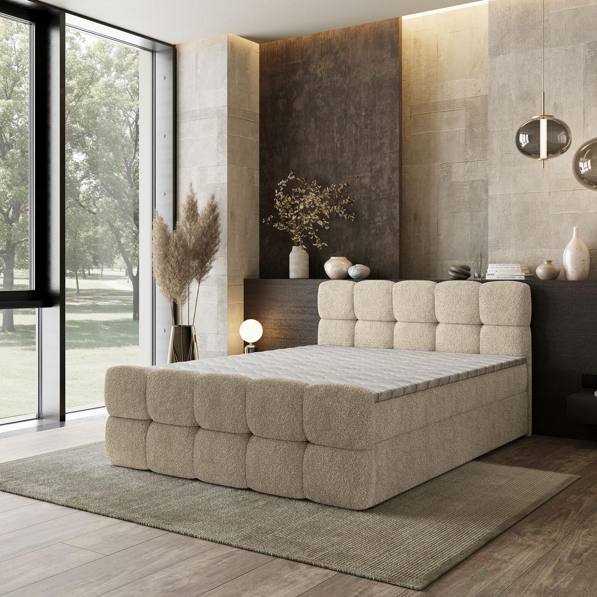 BOXBETT BRUME 180x200 cm mit Matratze und Topper, H2+H3 - Creme - Creme, Holz (180/200cm) - MASSENO