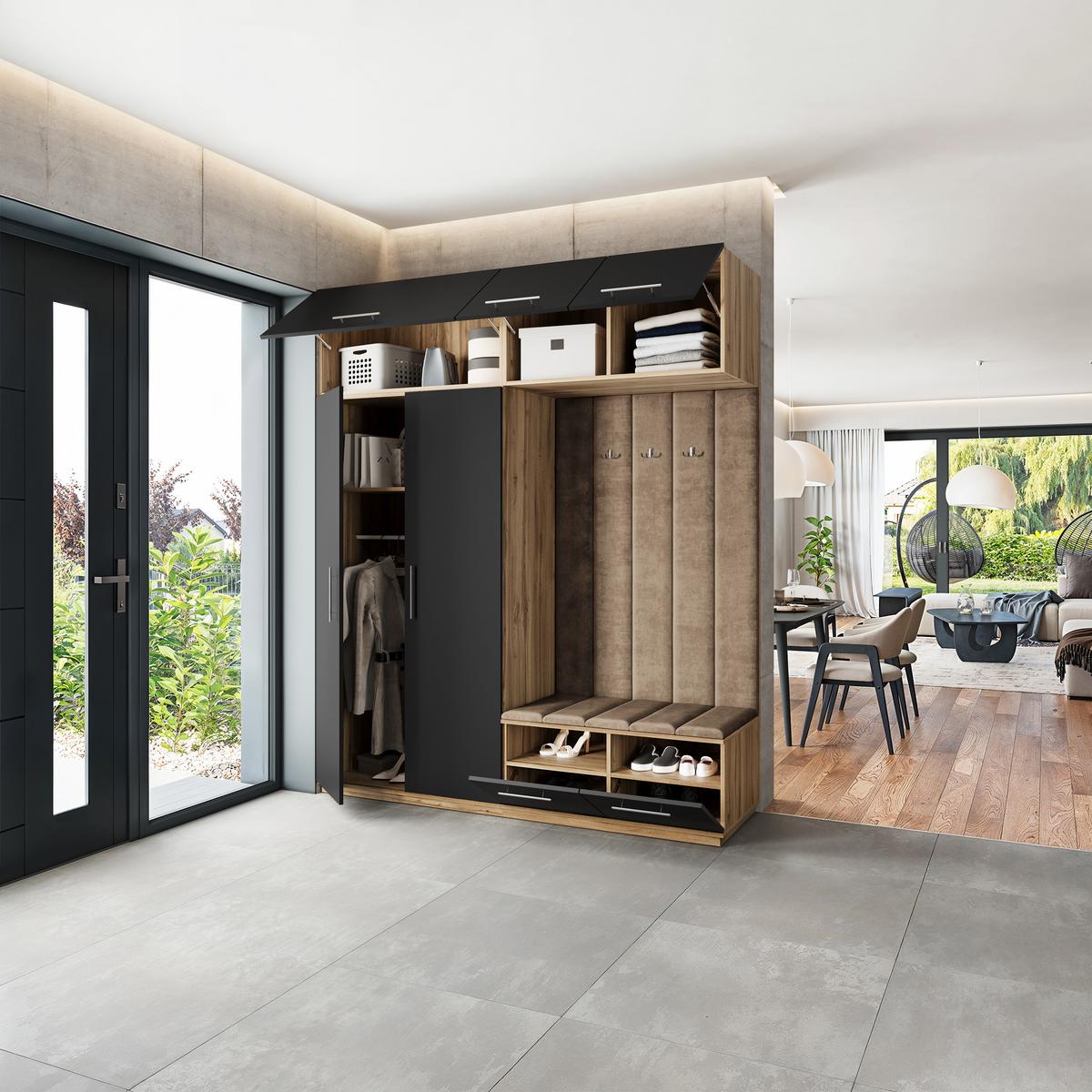 GARDEROBENSCHRANK REMA 200/240/60 cm Modern Garderobe-Set Eiche Wotan - Eiche Wotan/Schwarz, Holzwerkstoff (200/240/60cm) - MASSENO