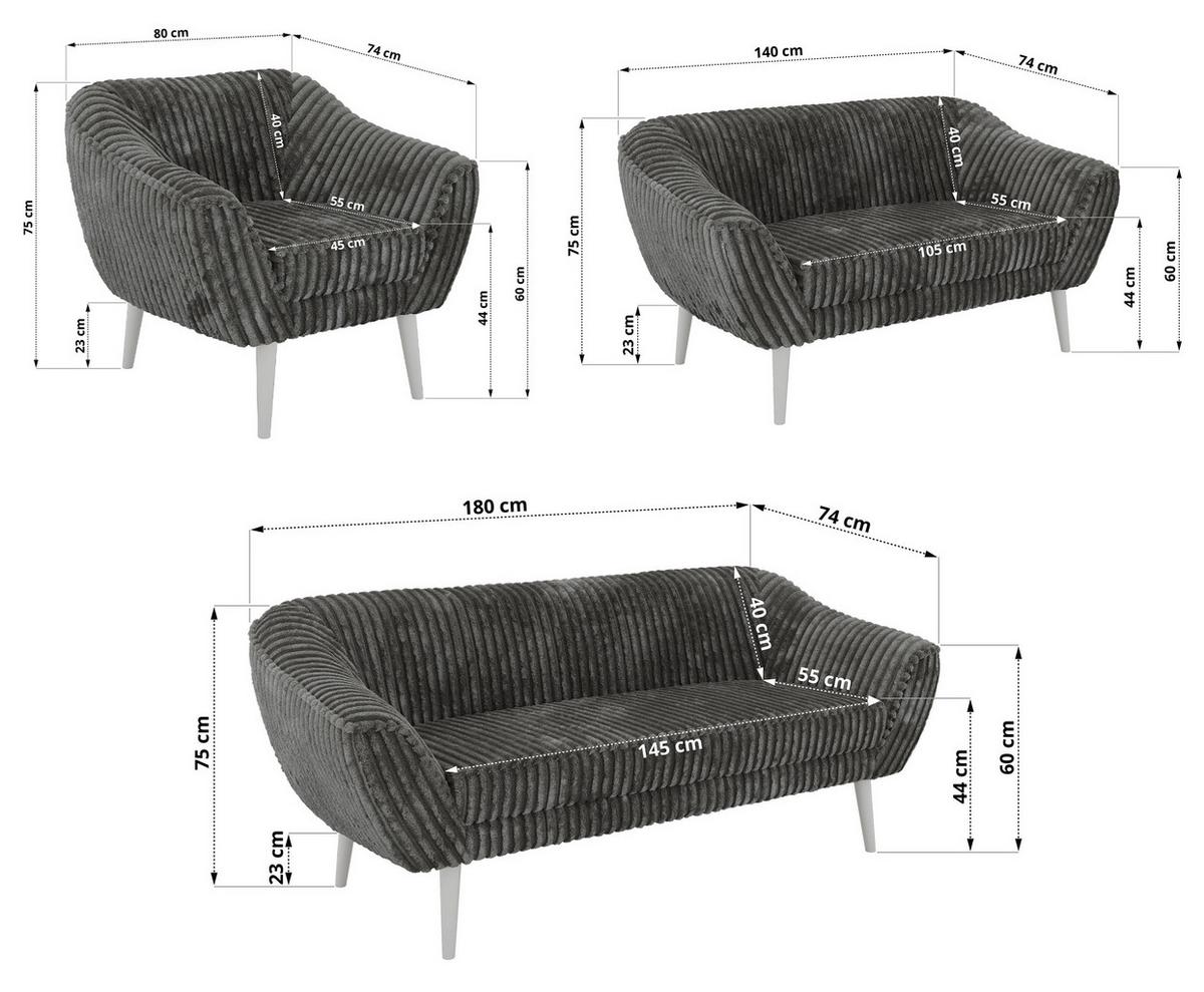 SITZGARNITUR PIRS 3+2+1 - Grau Cord - Weiße Beine - Weiß/Grau, Holzwerkstoff/Textil (180/75/74cm) - MKS