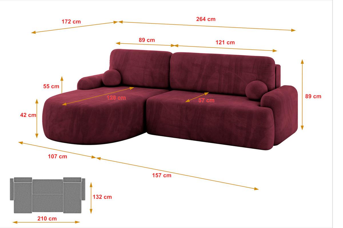 ECKSOFA mit Schlaffunktion und Bettkasten LIRA-L - 264x172x89 Bordeauxrot - Bordeaux, Holzwerkstoff/Textil (264/172cm) - ALTDECOR