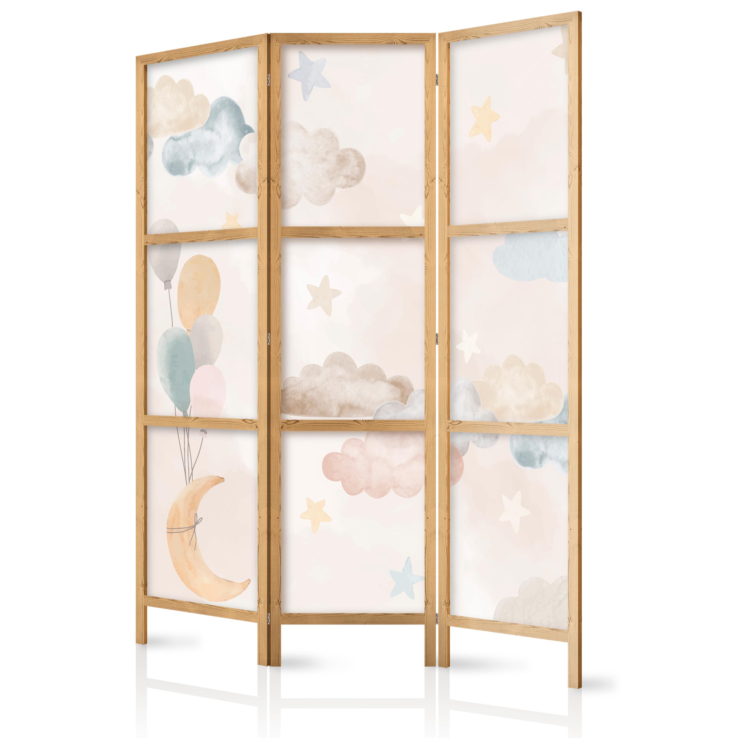 PARAVENT Japanischer 3-tlg 135x172 cm bunte Wolken und Sterne - Multicolor, Holz/Textil (135/172/3cm) - Muralo