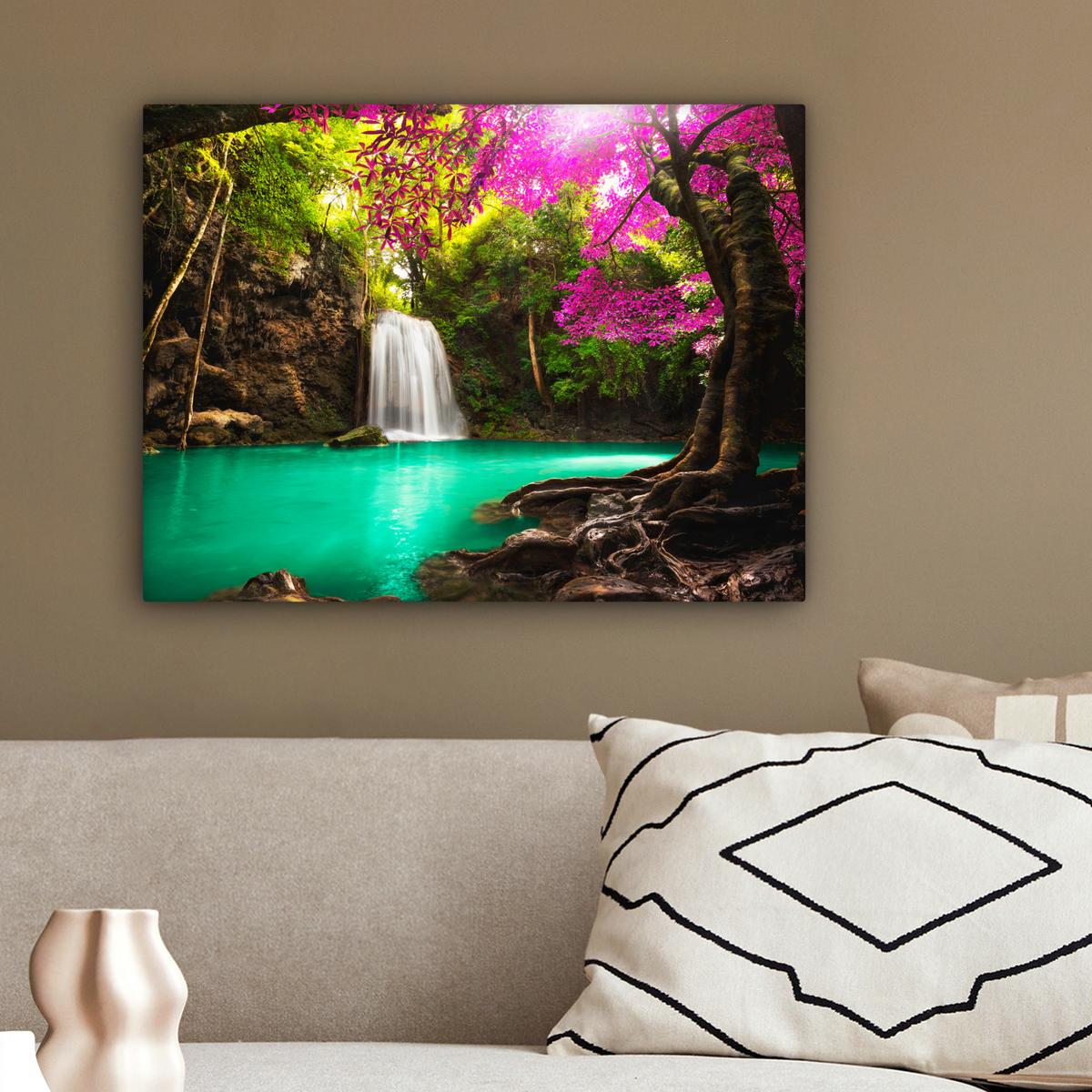 LEINWANDBILD Wasserfall mit bunten Blumen und Bäumen - Natur - Dschungel Wandbild 40x30 cm - Waldgrün, Textil (40/30cm) - MuchoWow