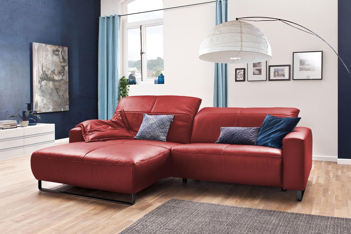 ECKSOFA YORK Hochglanz Rot Leder - Kirschrot/Schwarz, Leder (284/180cm) - KAWOLA