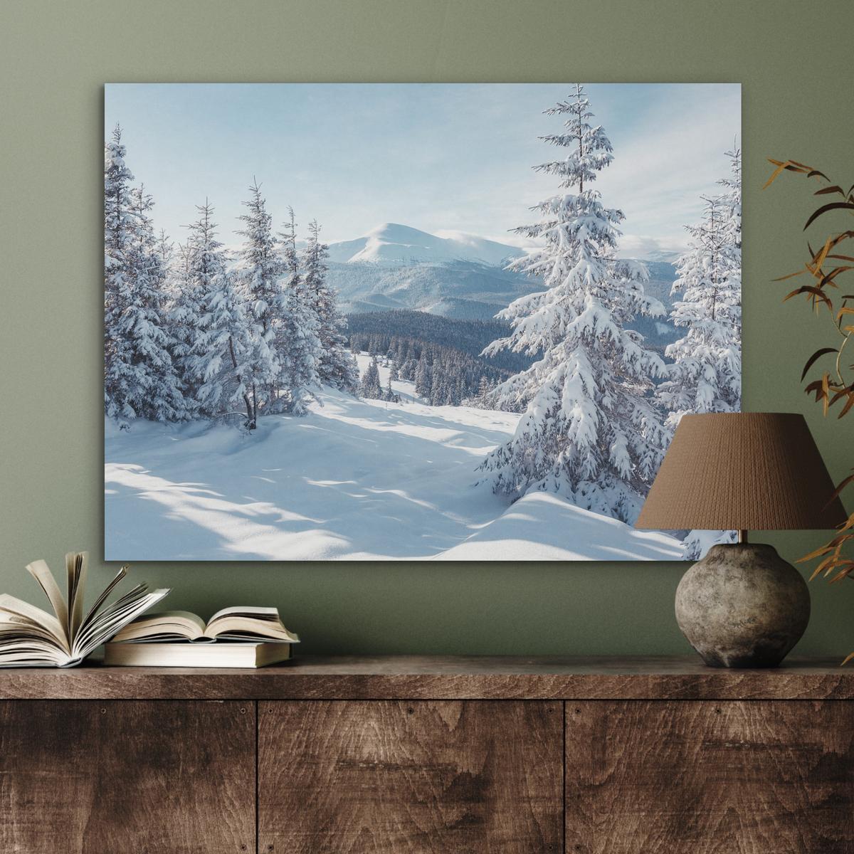 AKUSTIKBILD Winterlandschaft - Natur - Berge - Bäume - Schnee Gemälde 80x60 cm - Hellblau, Kunststoff (80/60/0.9cm) - MuchoWow