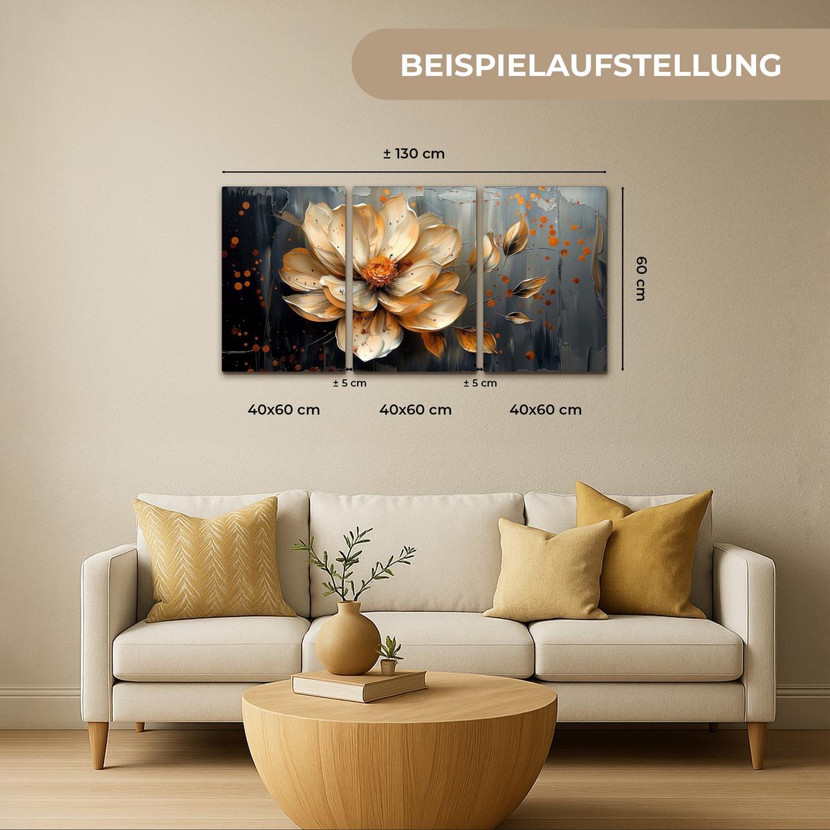 LEINWANDBILD 3er Set Blume - Gold - Abstrakt - Farbe 120x60 cm - Creme, Textil (120/60cm) - MuchoWow