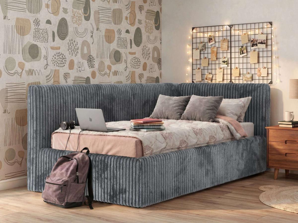 POLSTERBETT TILVO 90/200 - Grau Cord - Multitaschenfederkernmatratze - Rechts - Grau, Textil (200/90cm) - MKS