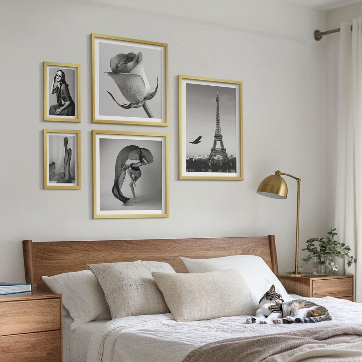 BILDER SET 5er Set - 50x50 cm & 20x30 cm & 40x60 cm Goldrahmen - Stilvolle Porträts eleganter Frauen - Goldfarben, Kunststoff (40/60cm) - TULUP