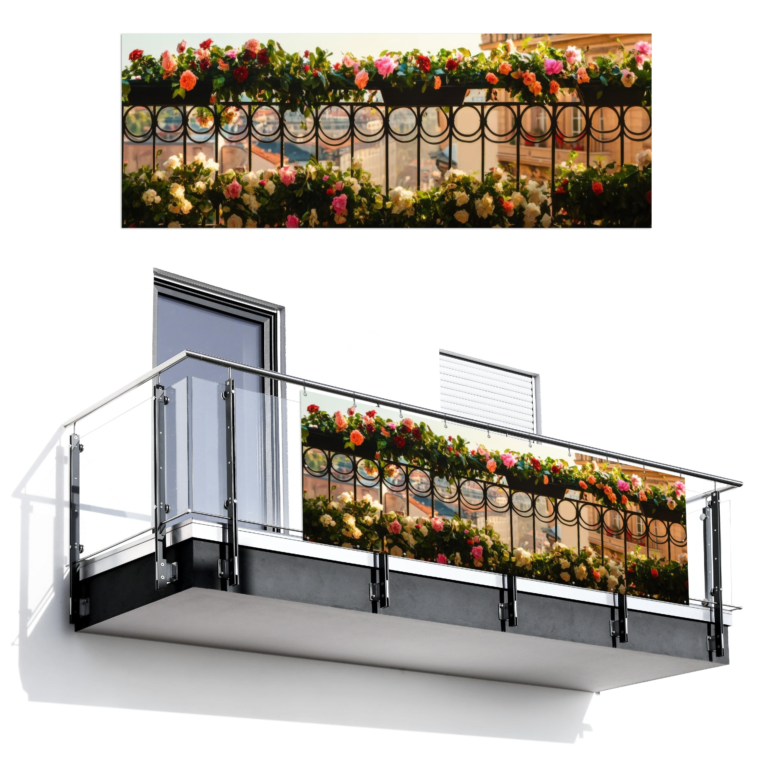 BALKON-SICHTSCHUTZ Blumen - Zaun - Stadtbild - Sommer Balkon Deko 300x110 cm - Pink, Kunststoff (300/110cm) - MuchoWow